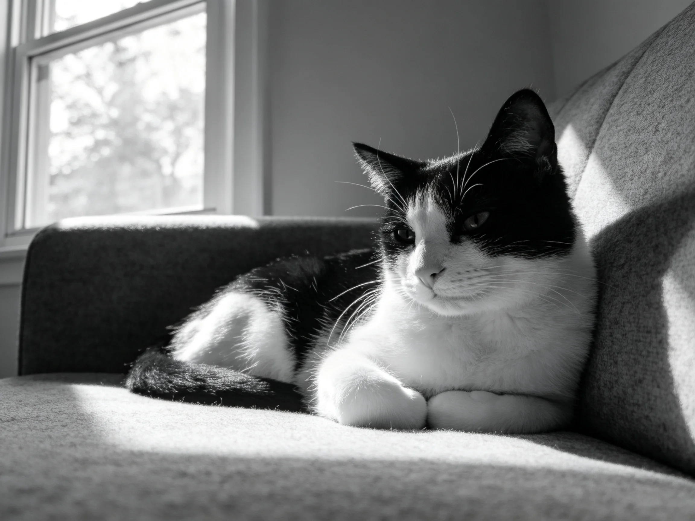 A black - and - white cat rests on a couch beside a sunlit window