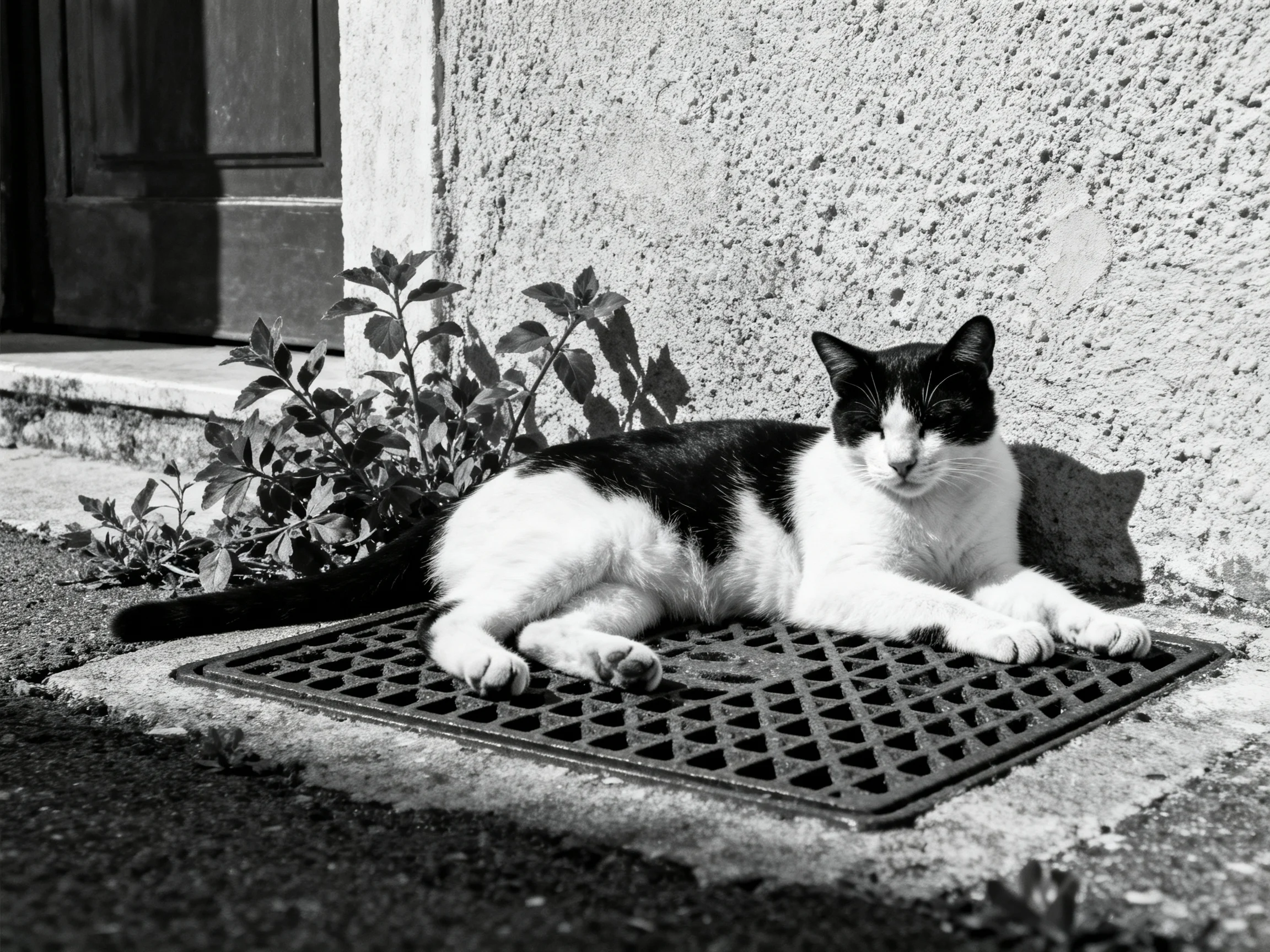 A black - and - white cat rests on a metal grate beside a stone wall