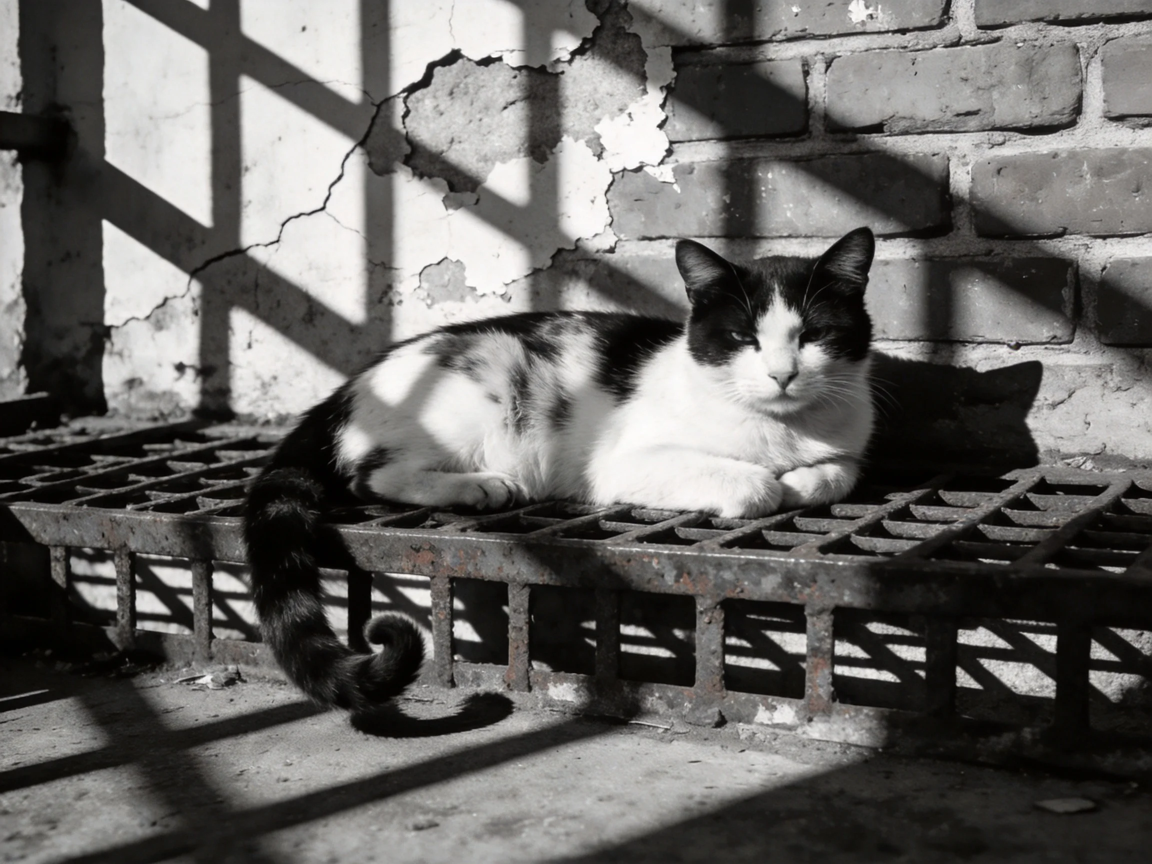 A black - and - white cat rests on a metal grate by a cracked brick wall