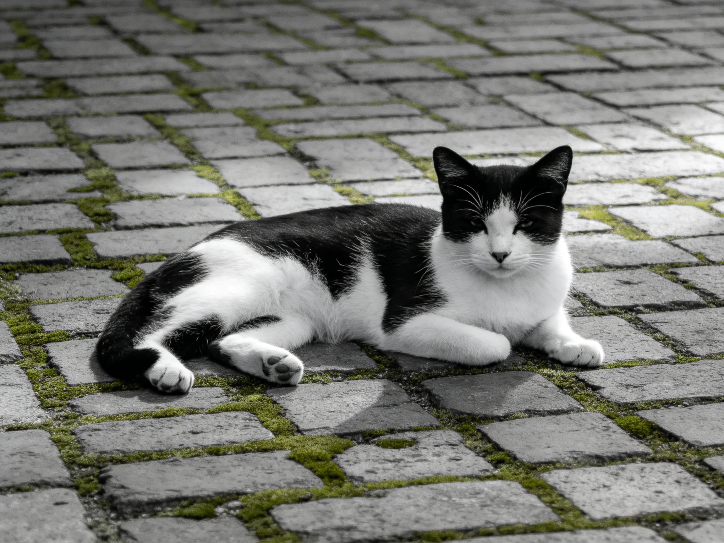 A black - and - white cat rests on a moss - dotted cobblestone pavement