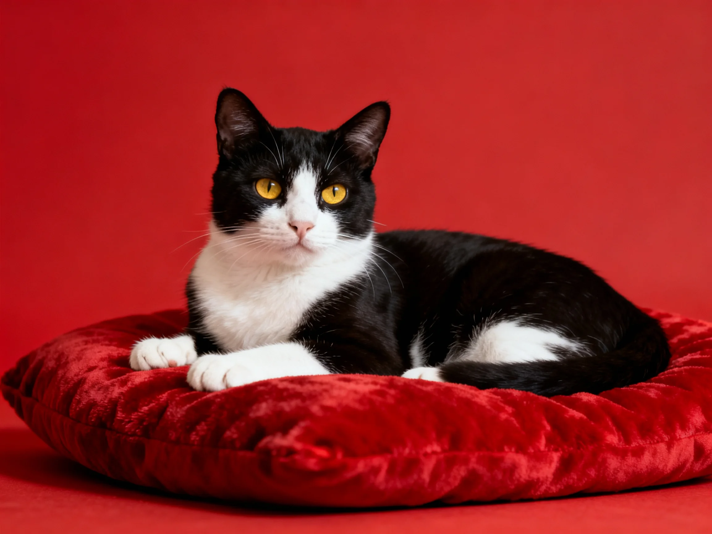 A black - and - white cat rests on a plush red cushion with a solid red backdrop