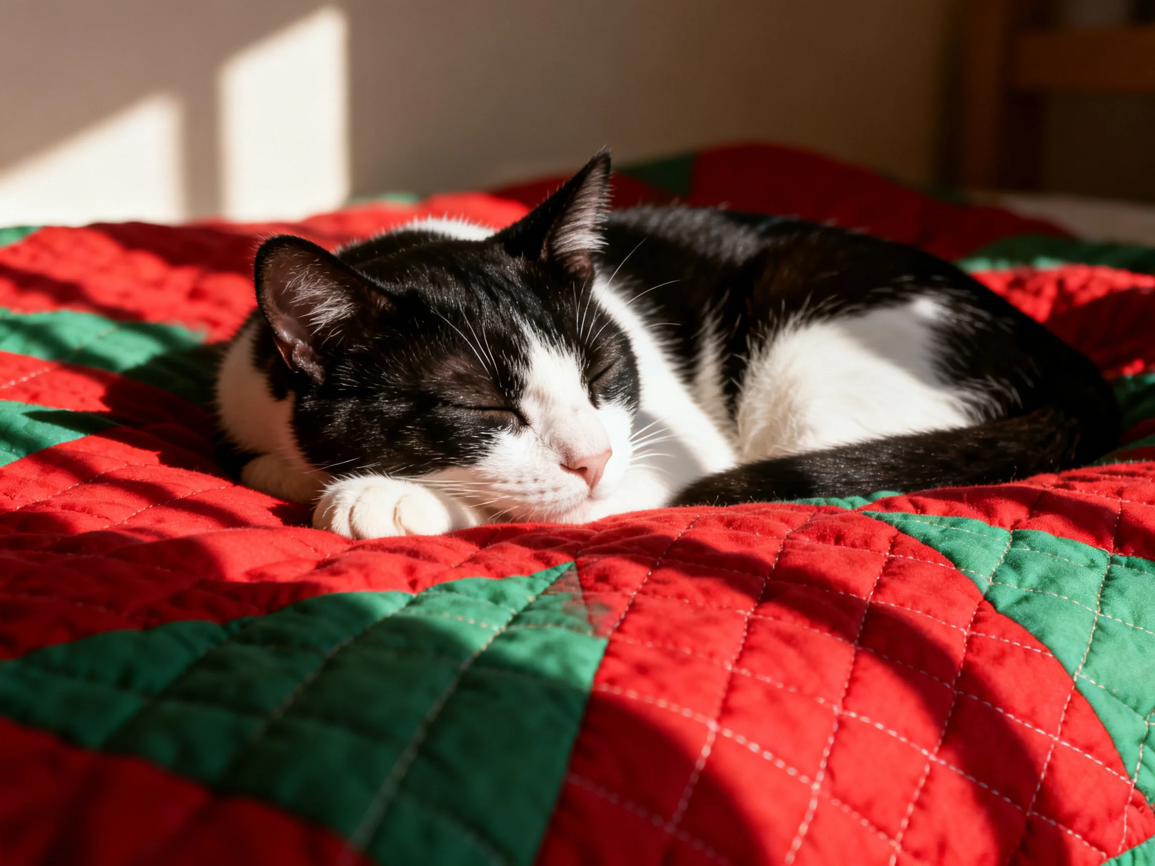 A black - and - white cat rests on a colorful quilted bed in sunlight