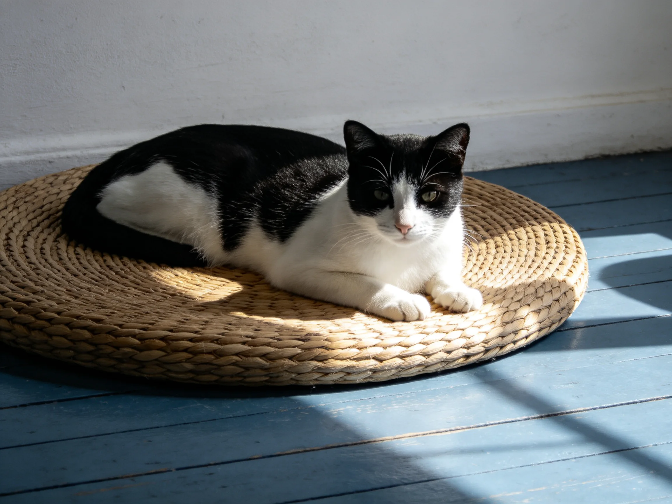 A black - and - white cat rests on a round straw mat near a blue wooden floor