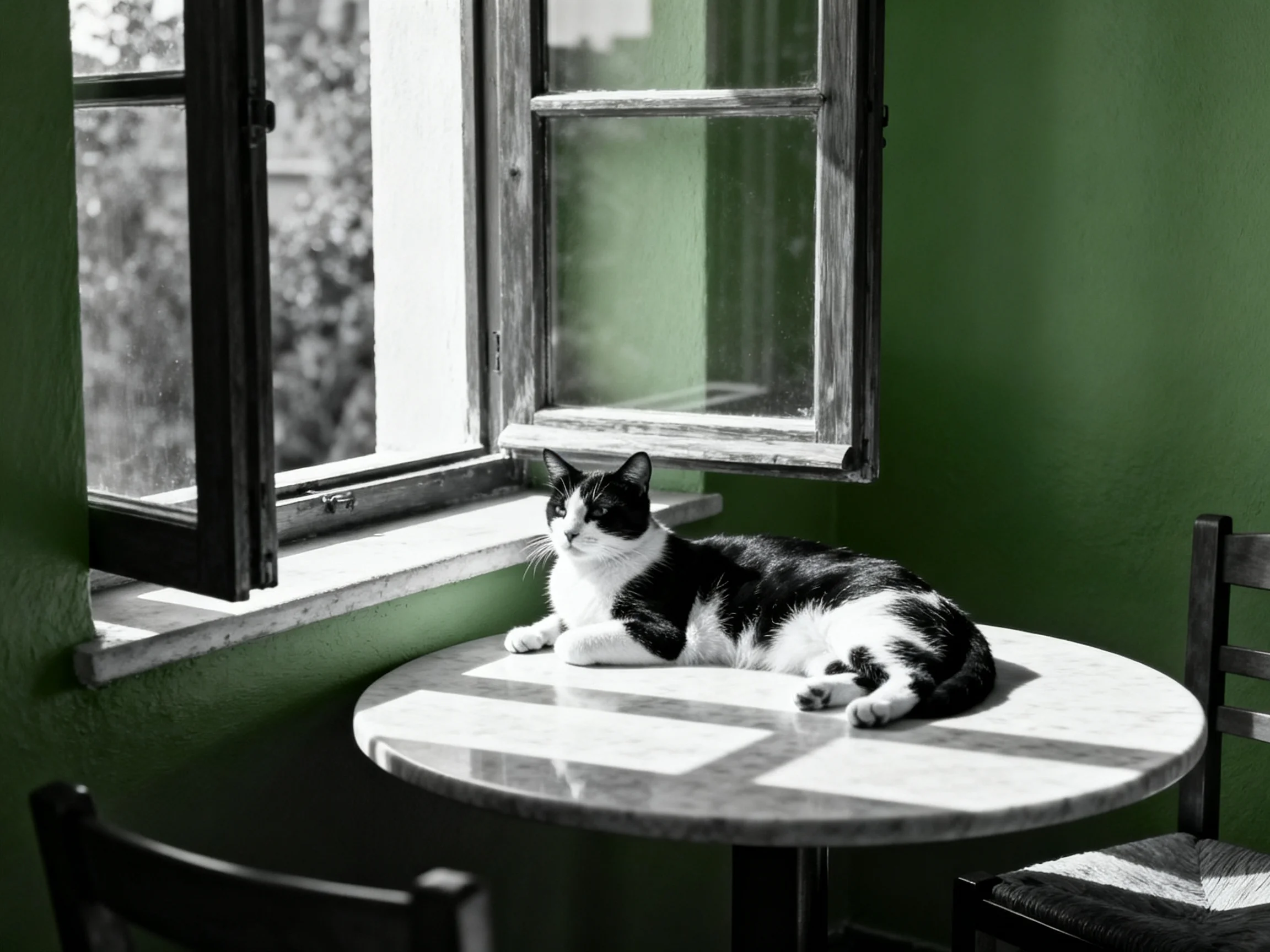 A black - and - white cat rests on a round table beside an open green - walled window