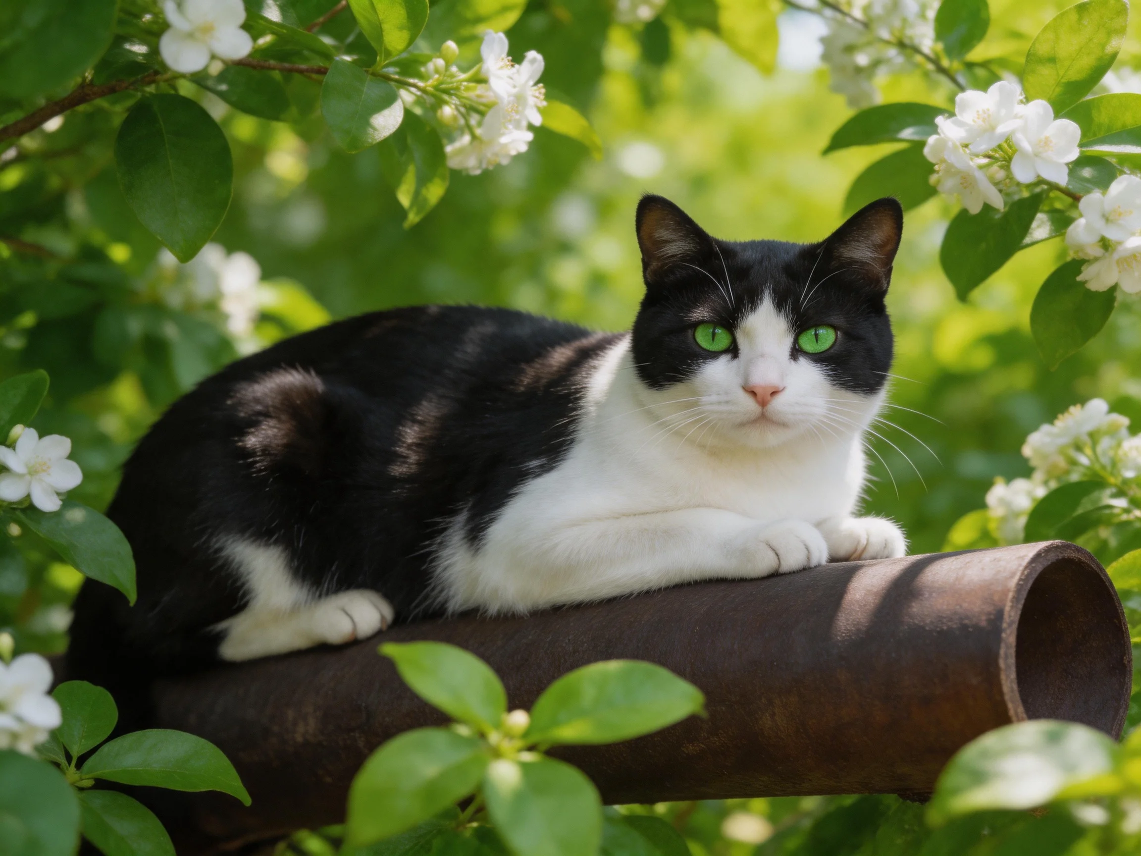 A black - and - white cat rests on a rusty pipe amid blooming white flowers