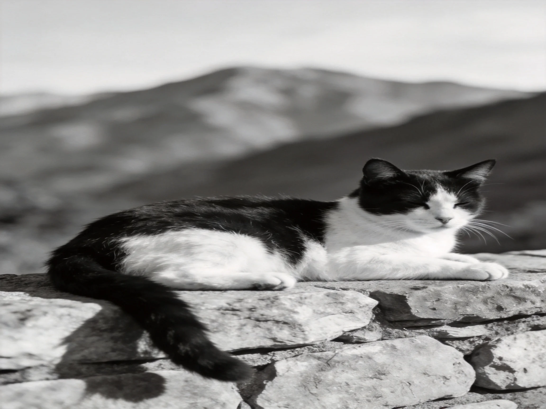 A black - and - white cat rests on a stone wall with mountainous backdrop