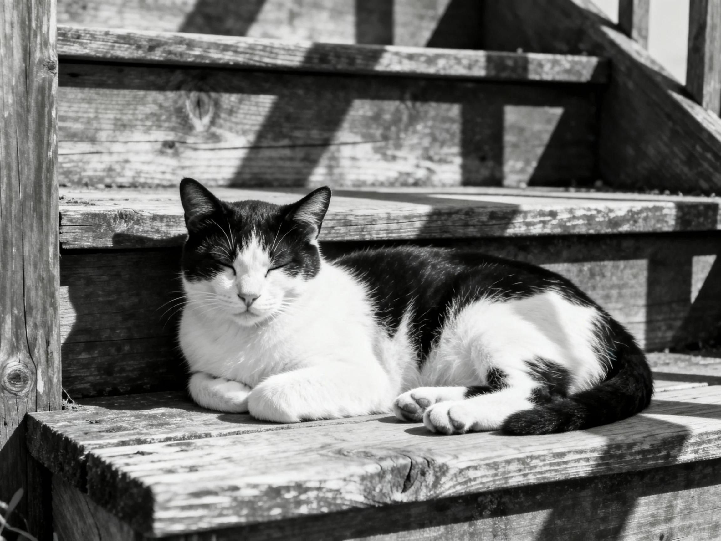 A black - and - white cat relaxes on wooden stairs
