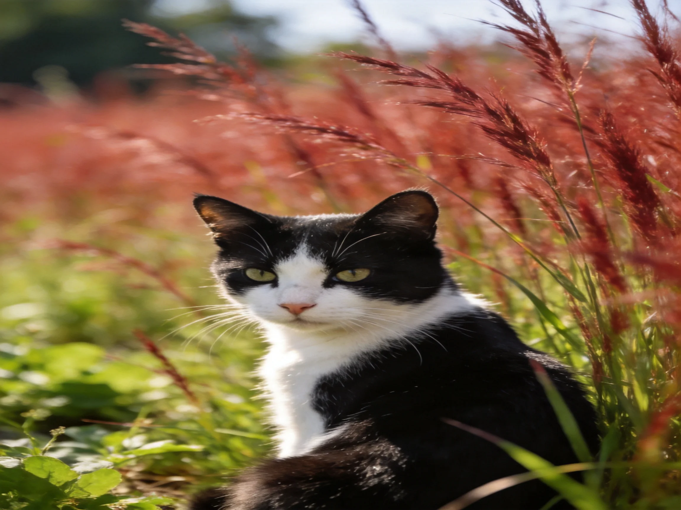 A black - and - white cat is near colorful grasses and plants outdoors.