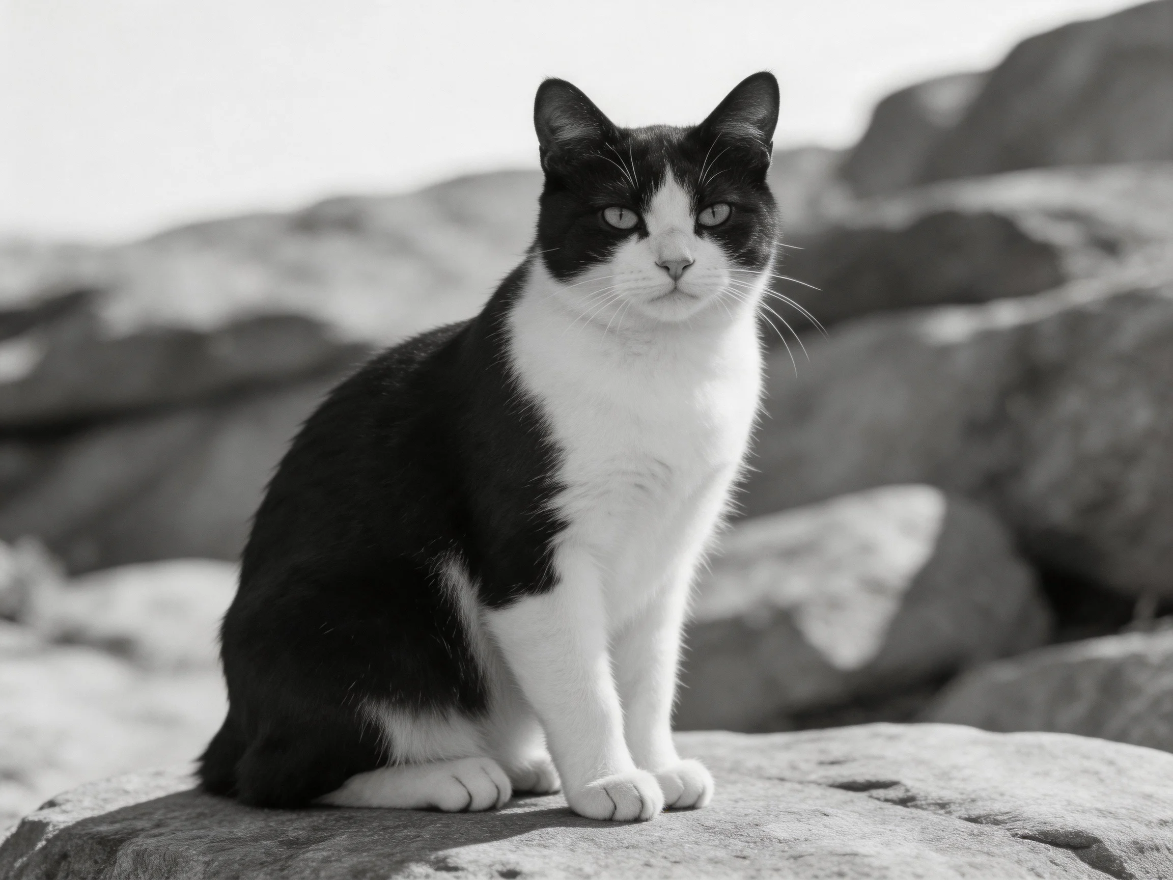 A black - and - white cat sits on rocks amid stone formations
