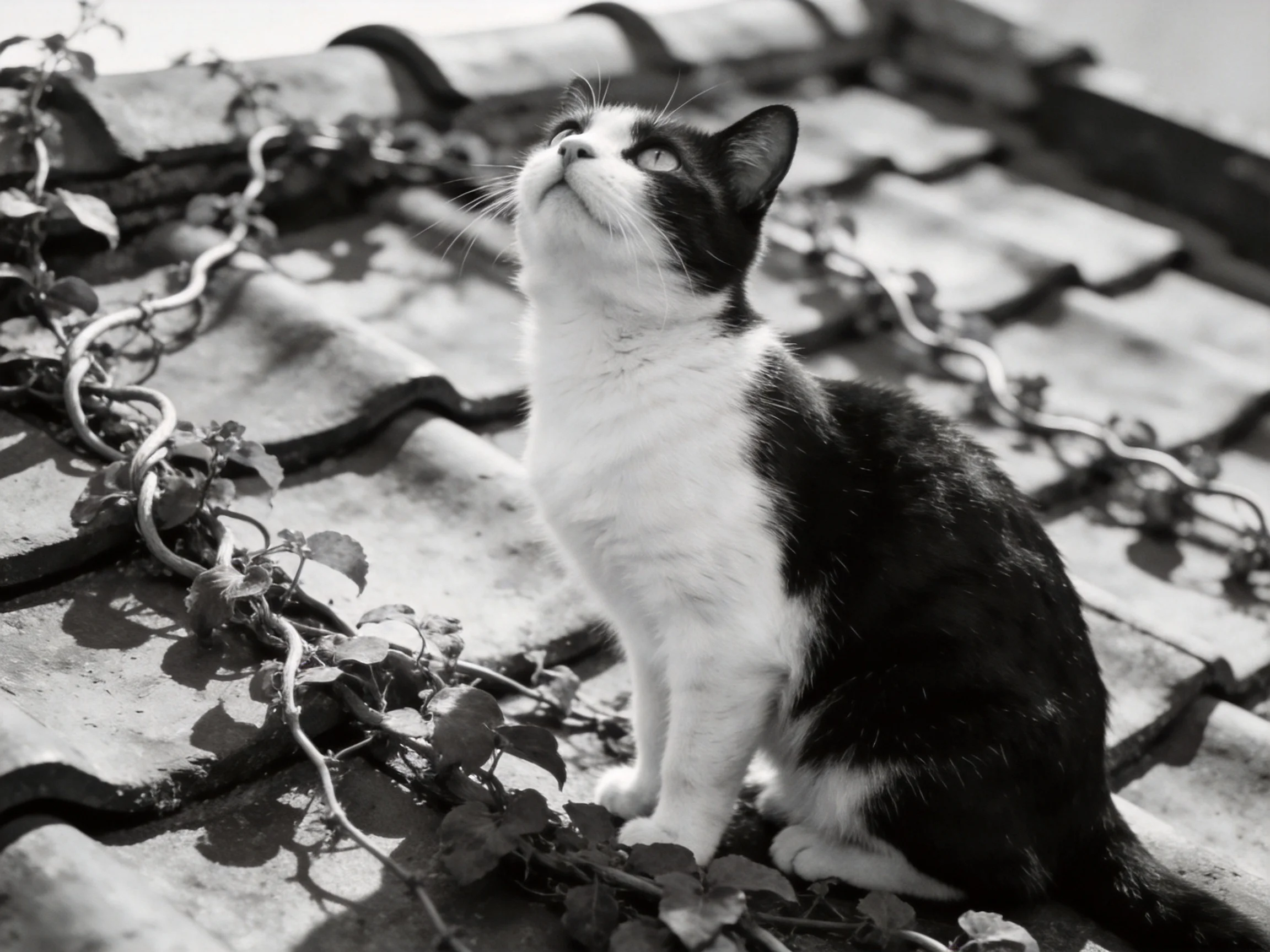 A black - and - white cat looks upward on a vine - covered tiled roof.