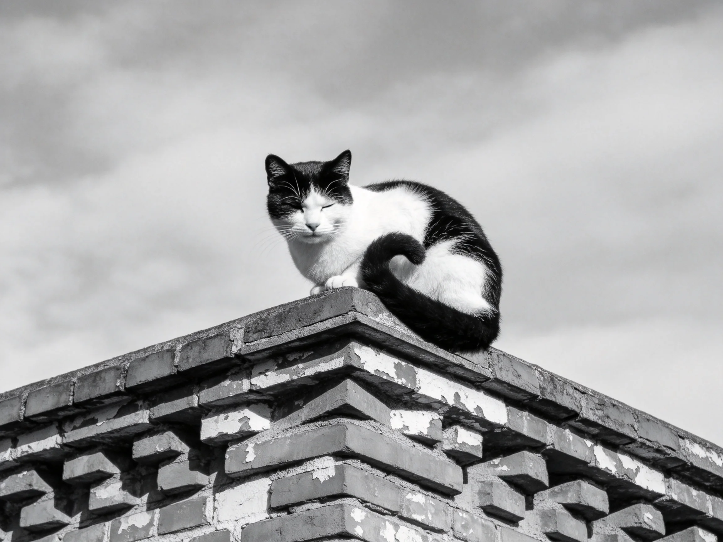 A black - and - white cat rests on a weathered brick structure under a cloudy sky.