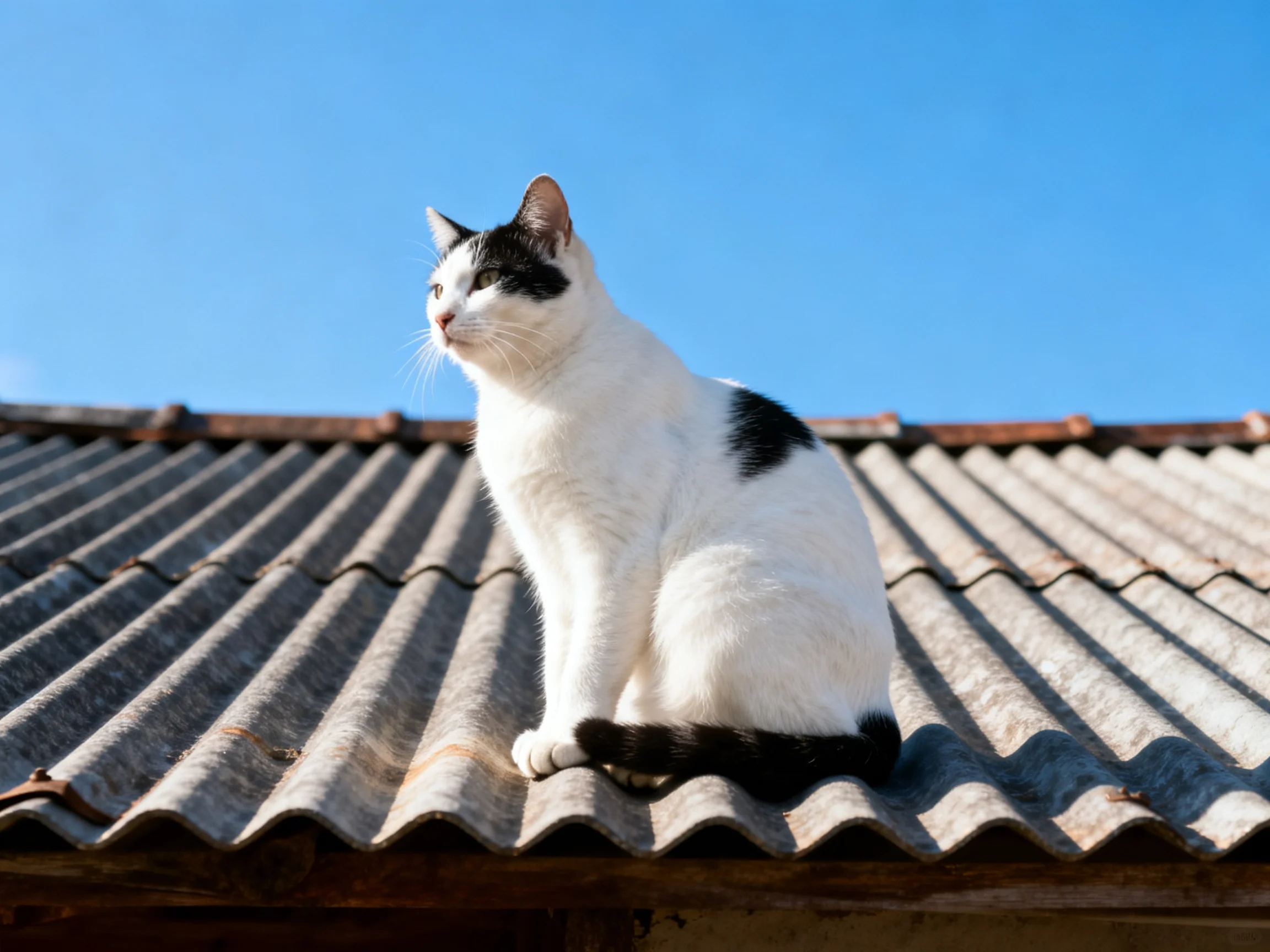 A black - and - white cat sits on a corrugated metal roof beneath a bright blue sky.