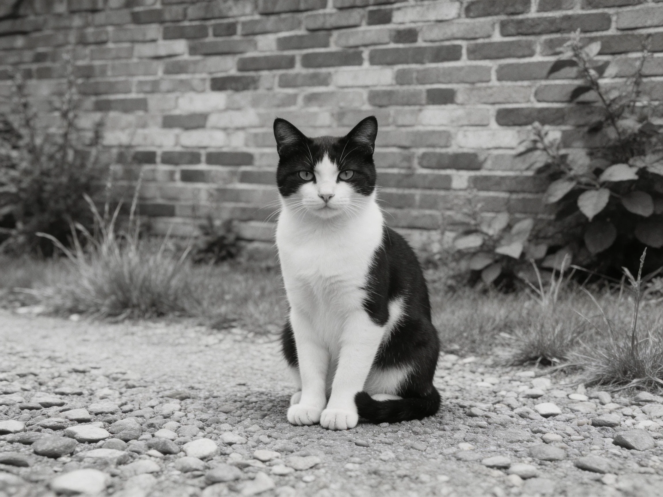 A black - and - white cat sits before an aged brick wall on gravel