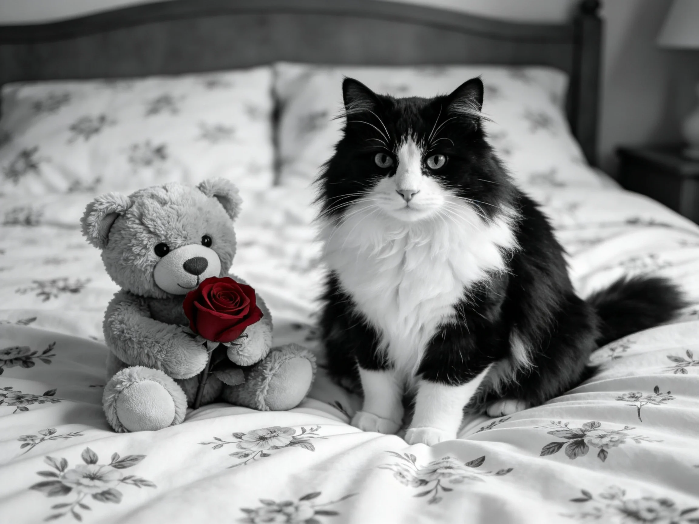 A black - and - white cat sits next to a teddy bear with a red rose on a bed