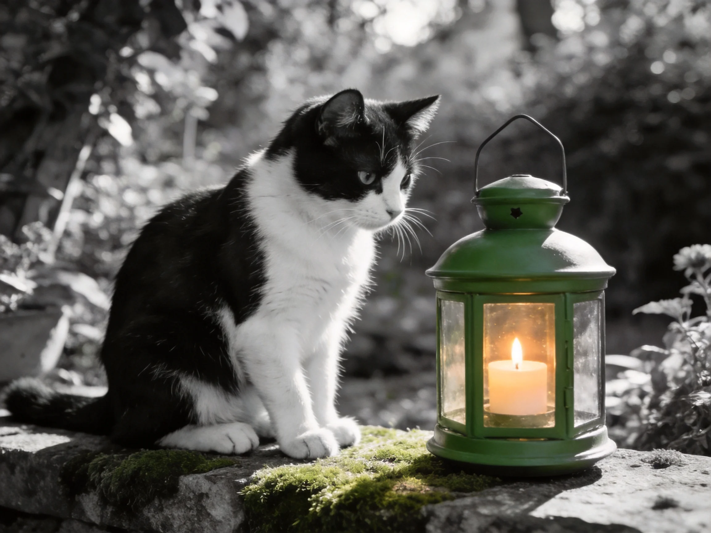A black - and - white cat sits next to a green lantern with a lit candle outdoors