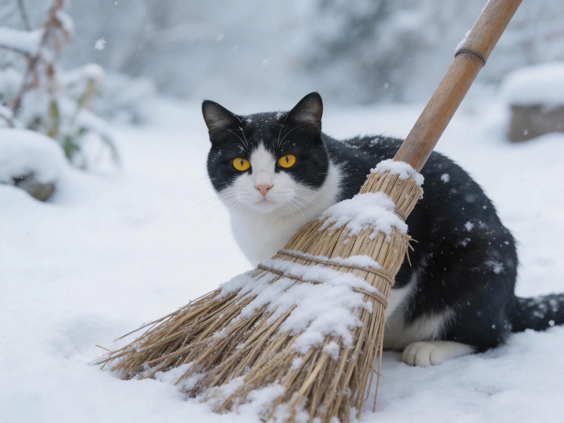 A black - and - white cat is near a snow - covered broom in a snowy environment.