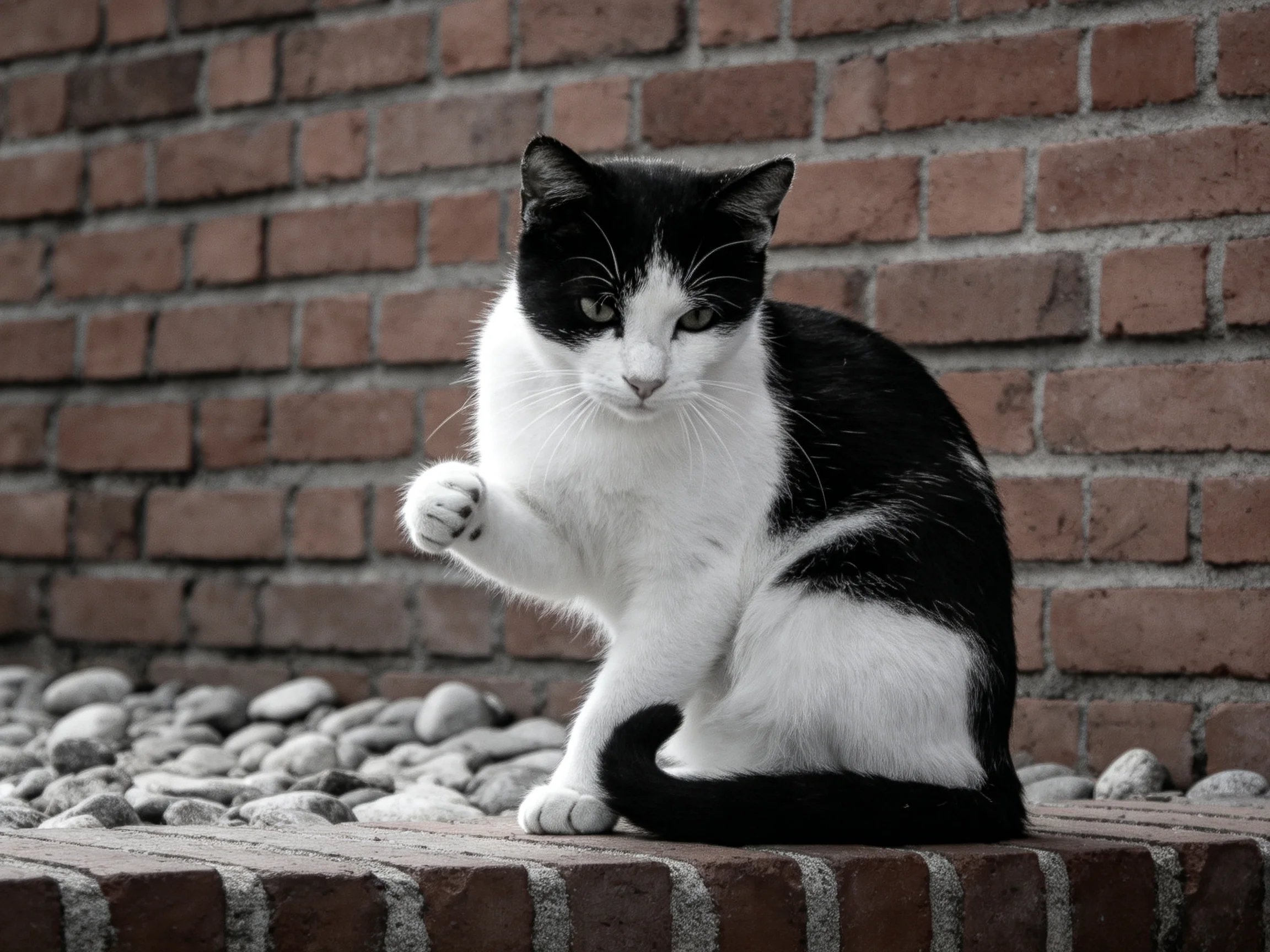 A black - and - white cat sits near a textured brick wall in an outdoor setting.