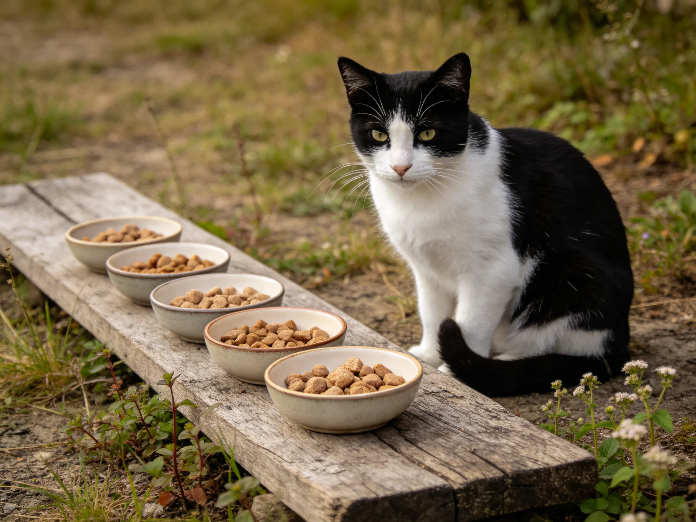 A black - and - white cat sits next to five bowls of cat food on a wooden plank outdoors