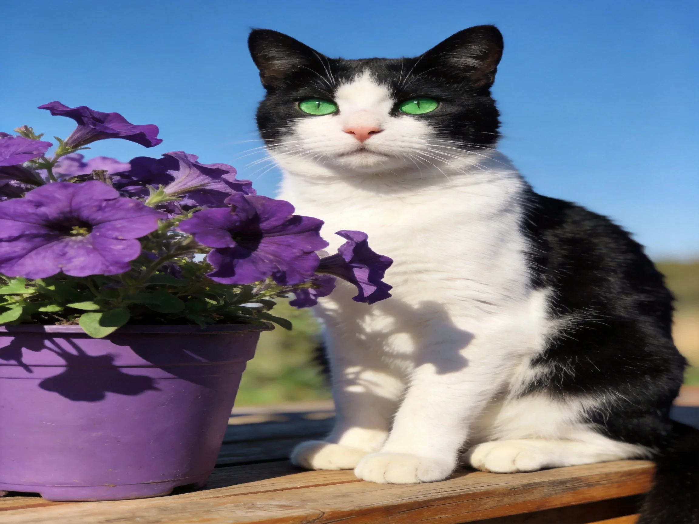 A black - and - white cat rests beside purple petunias on an outdoor wooden surface.