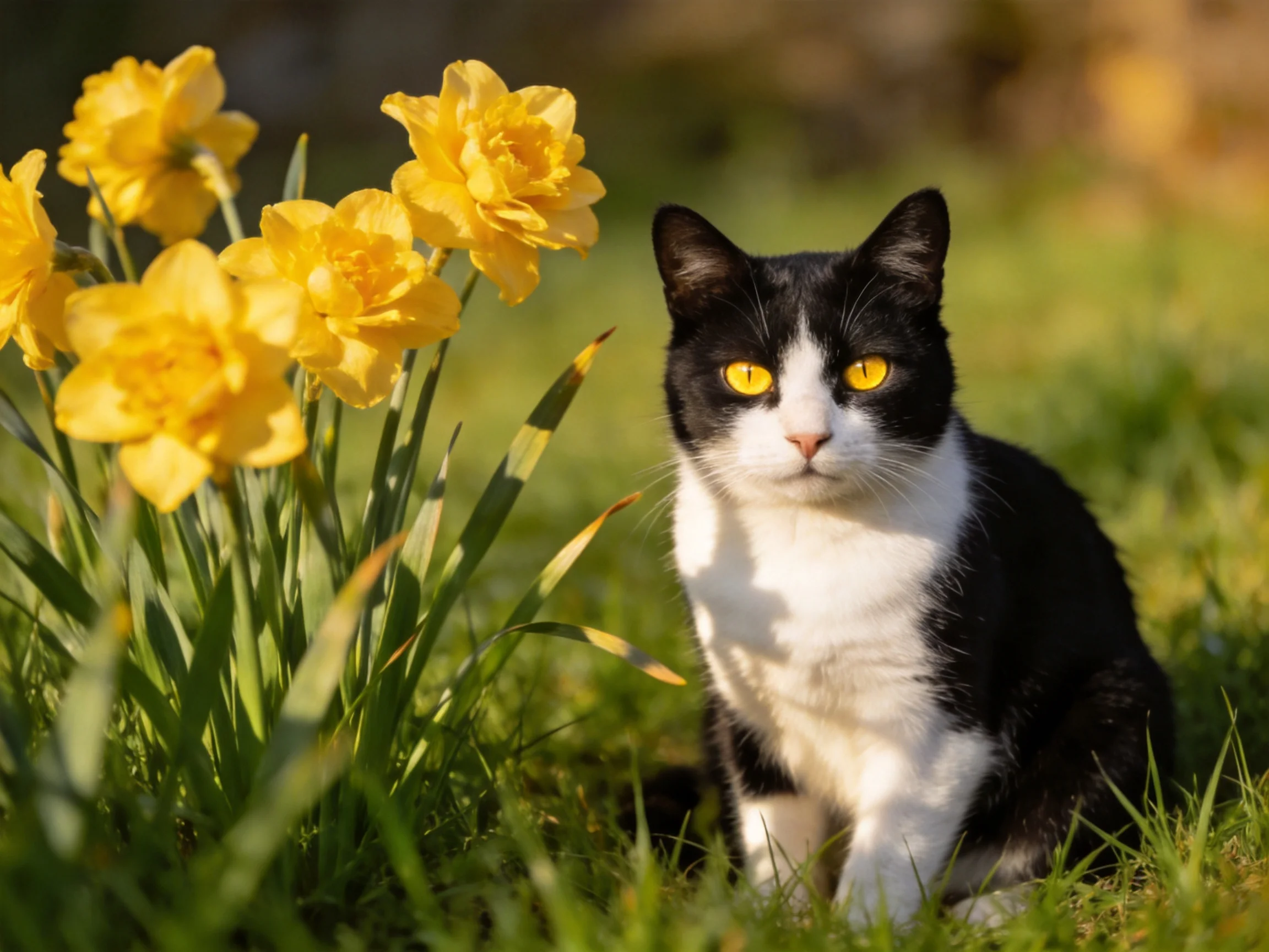 A black - and - white cat sits near yellow daffodils in a grassy area.