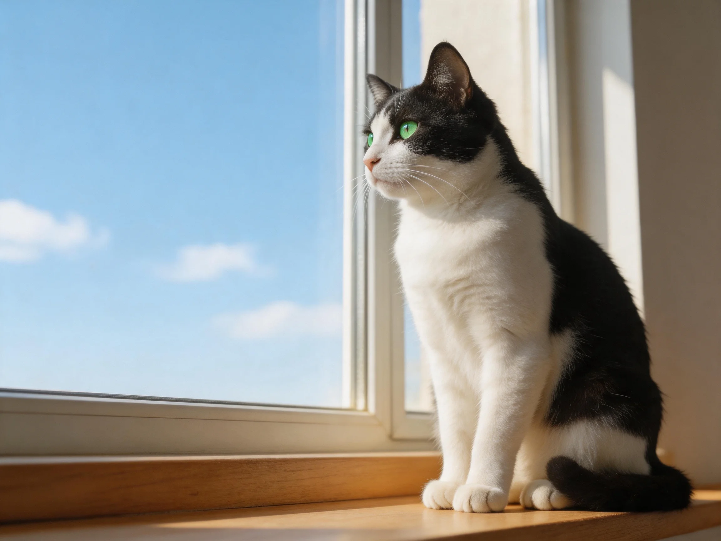 A black - and - white cat sits by an open window with a clear blue sky