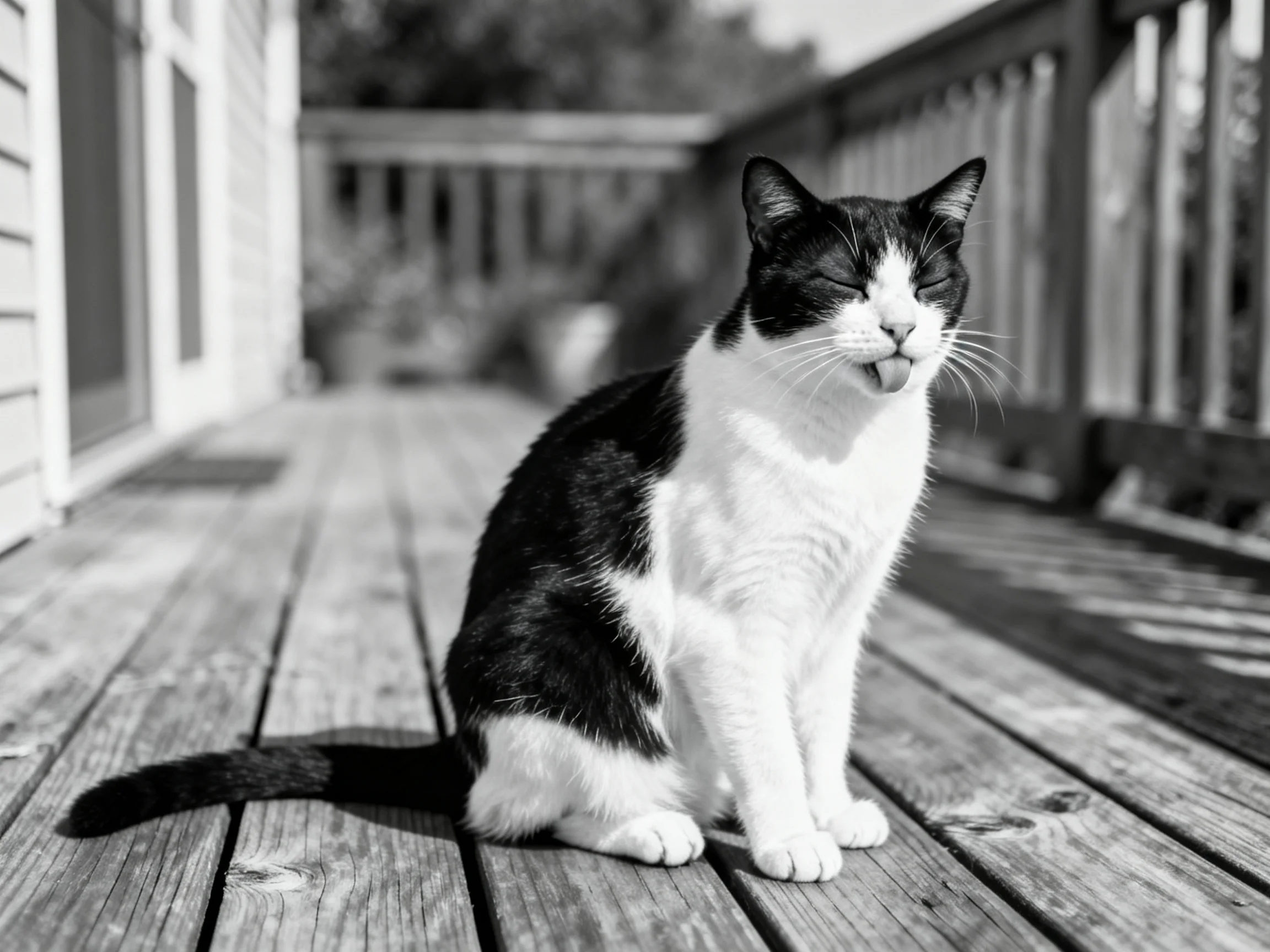 A black - and - white cat sits contentedly on a weathered wooden deck