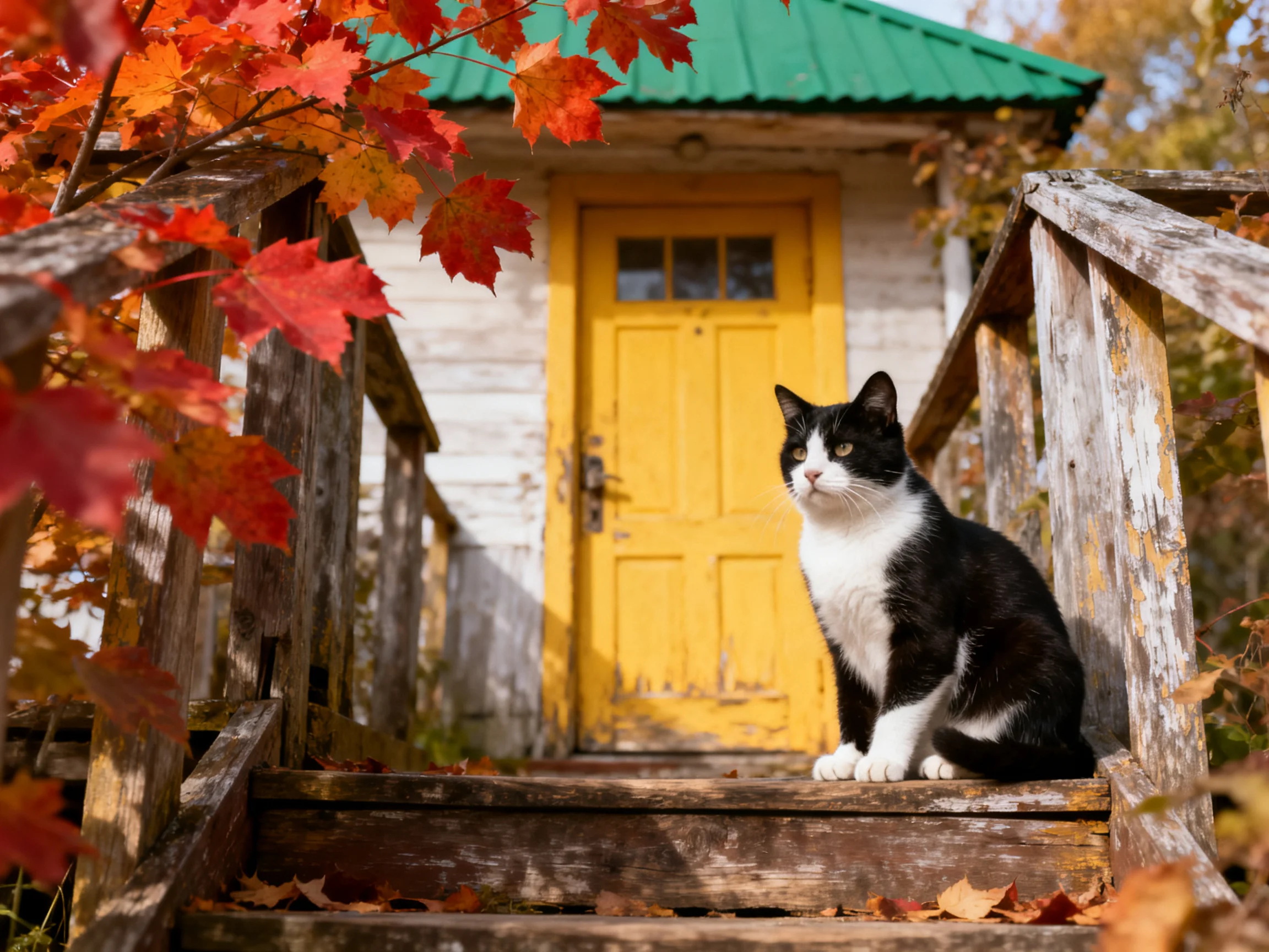 A black - and - white cat rests by a yellow door amid autumn leaves.