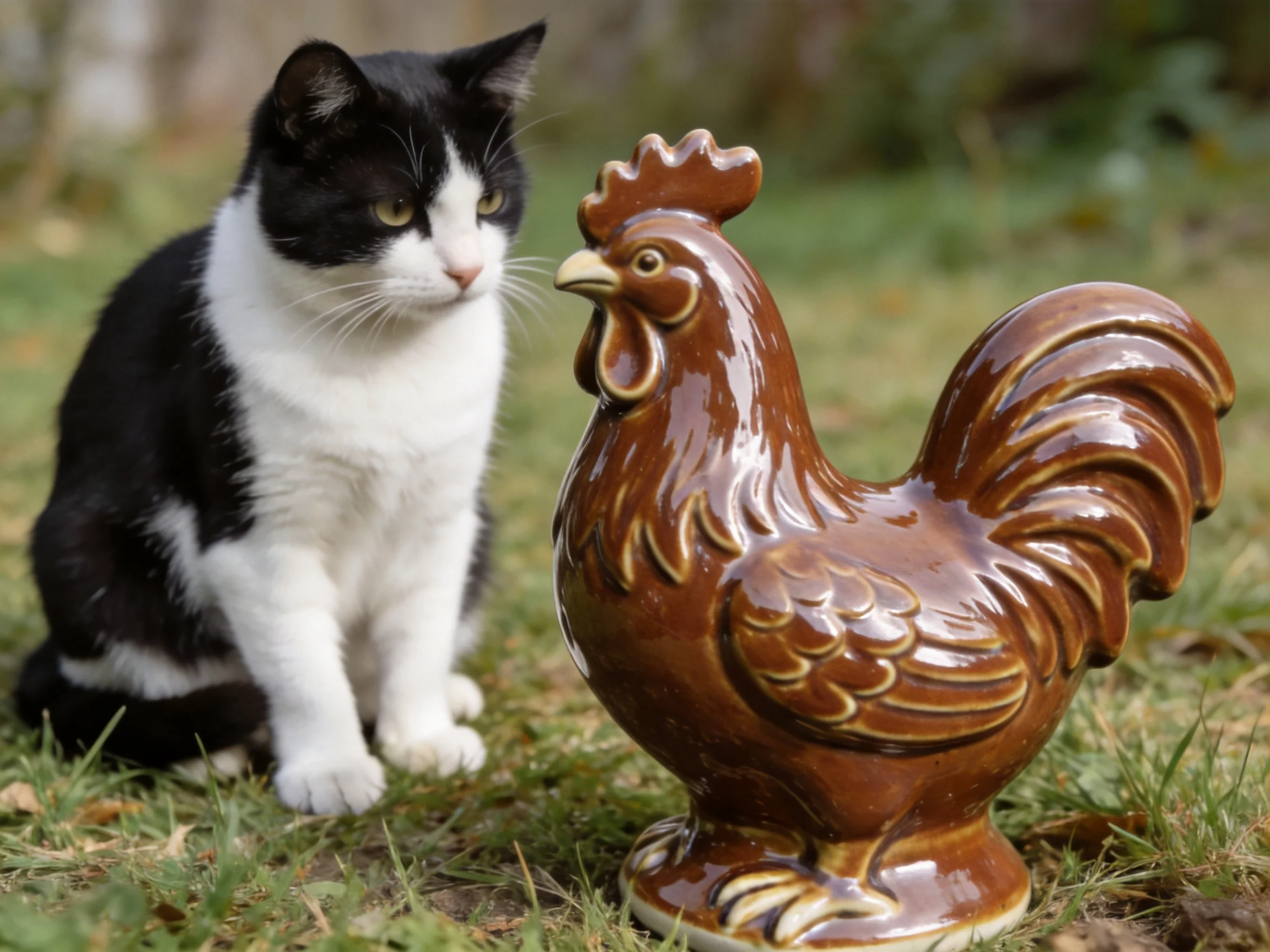 A black - and - white cat observes a glossy brown ceramic rooster outdoors.