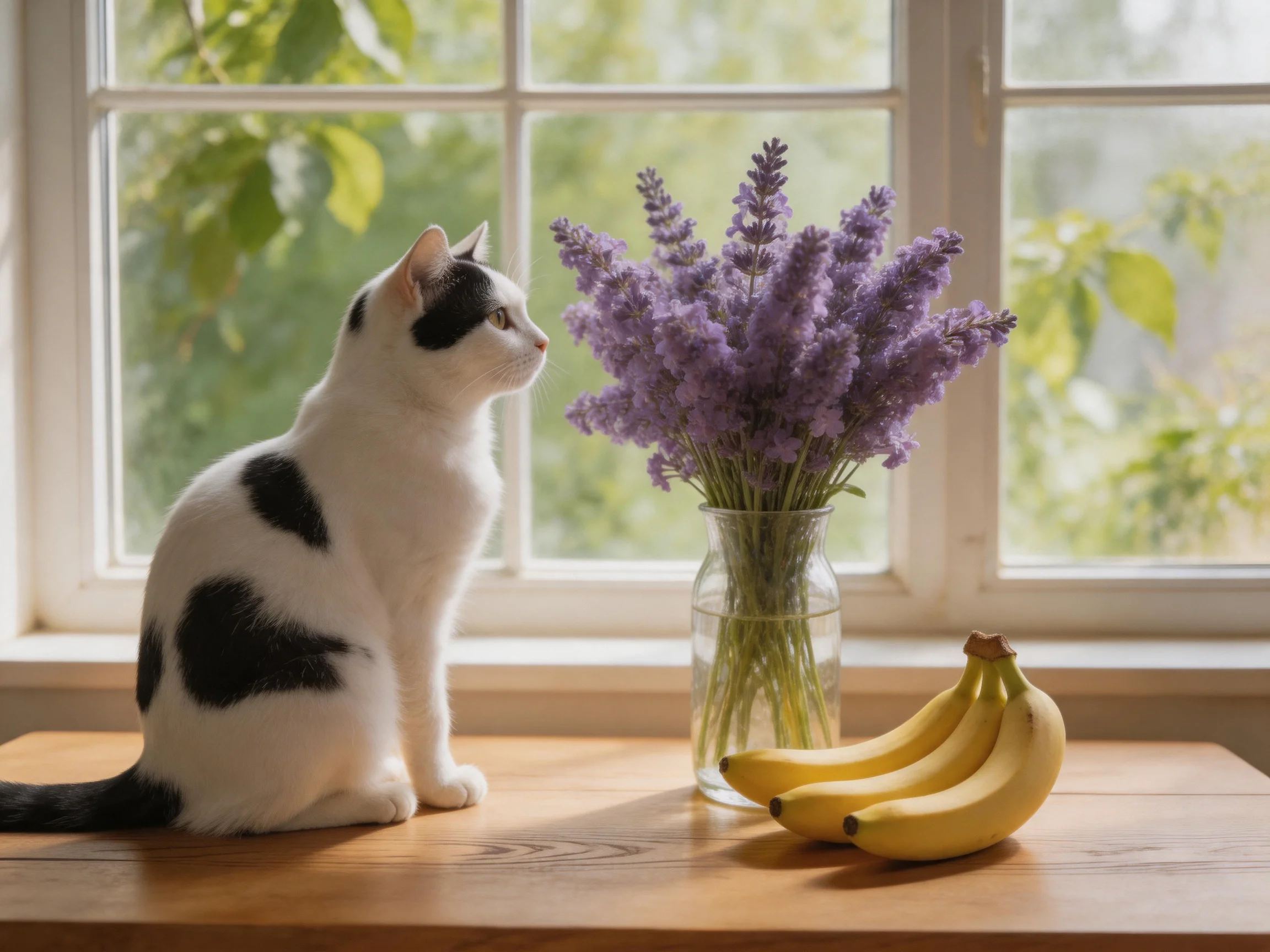 A black - and - white cat observes lavender flowers and bananas on a wooden table by a bright window.