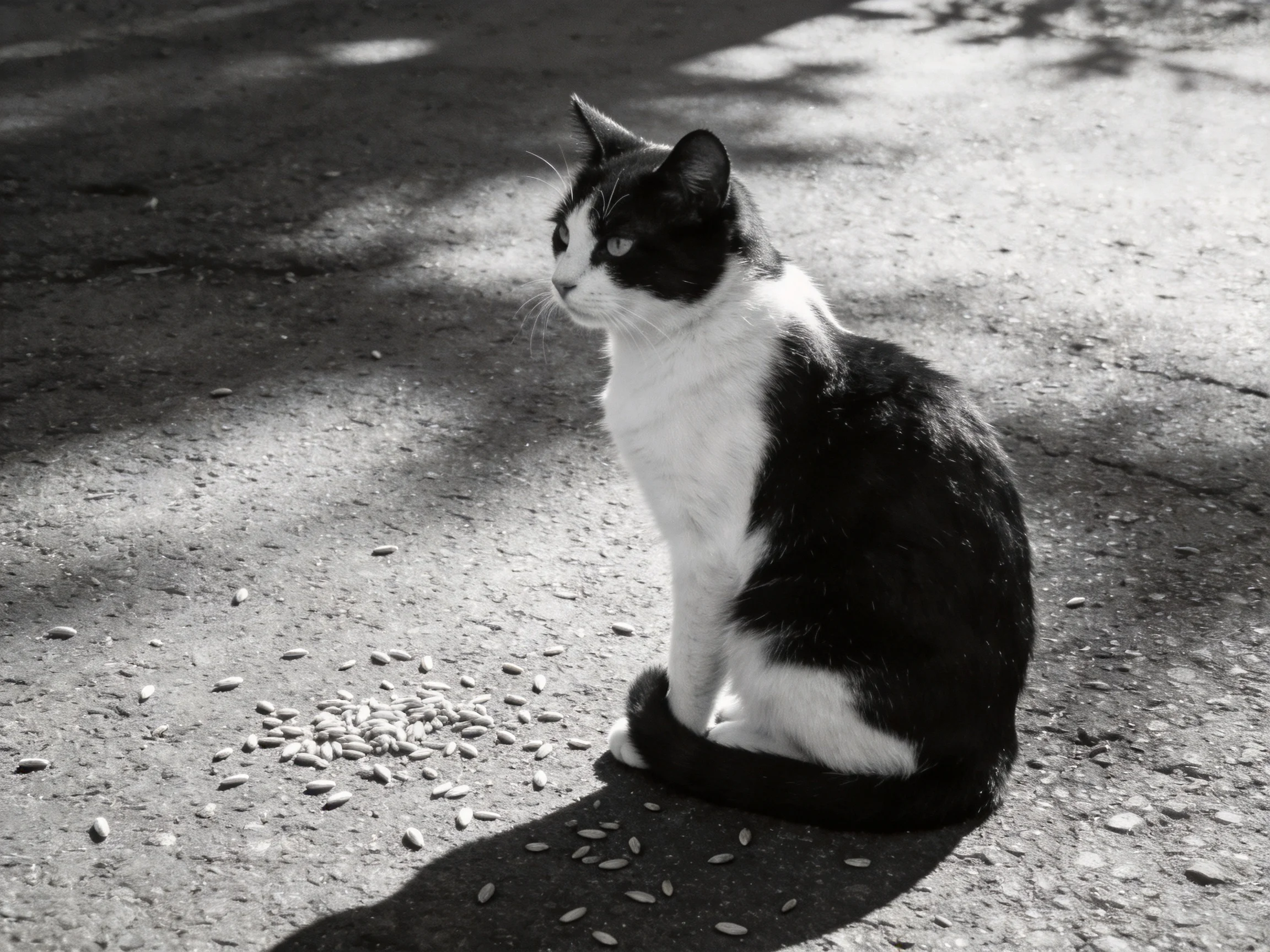 A black - and - white cat sits near scattered seeds on a pavement