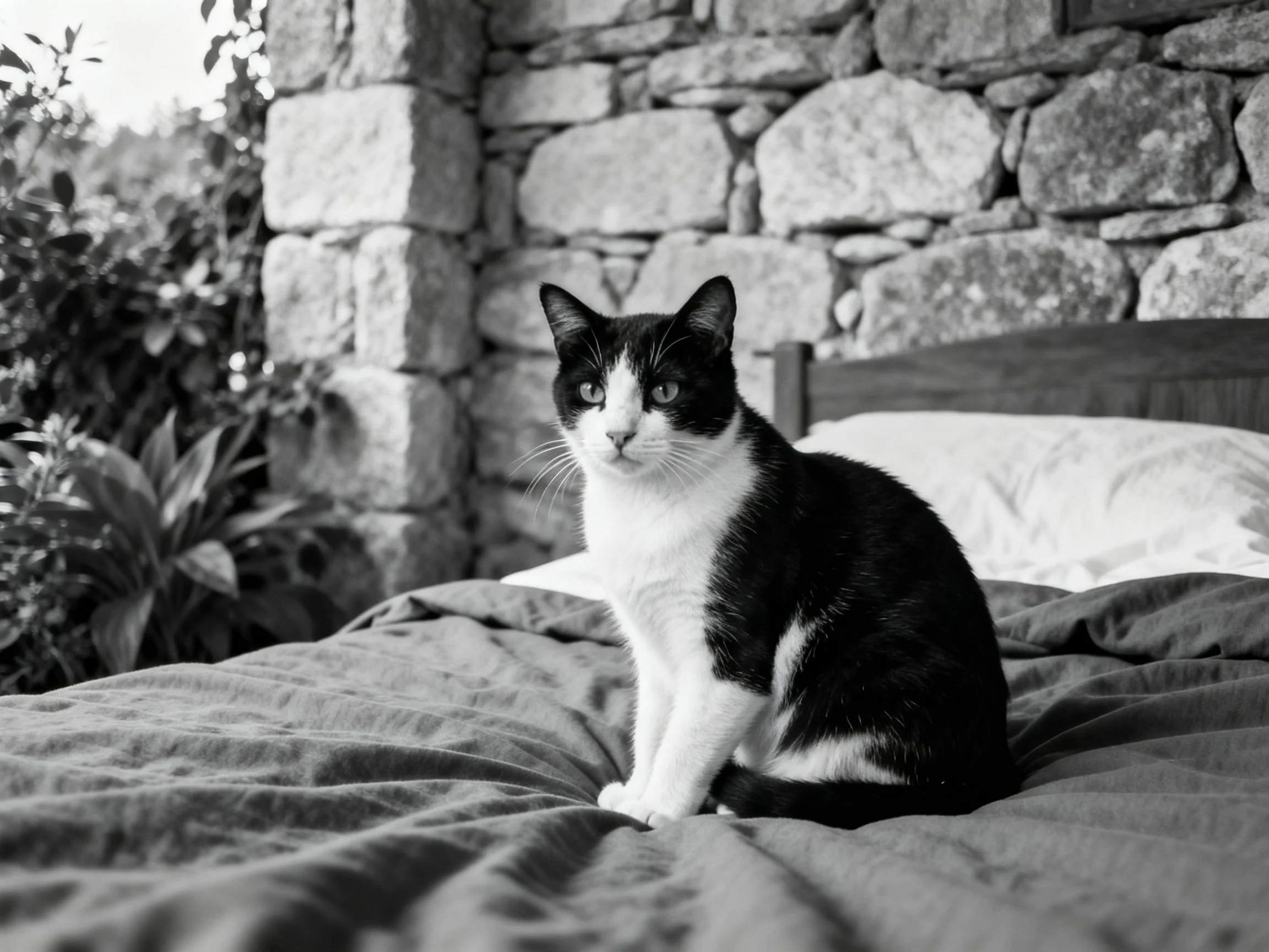 A black - and - white cat sits on a bed by a stone wall