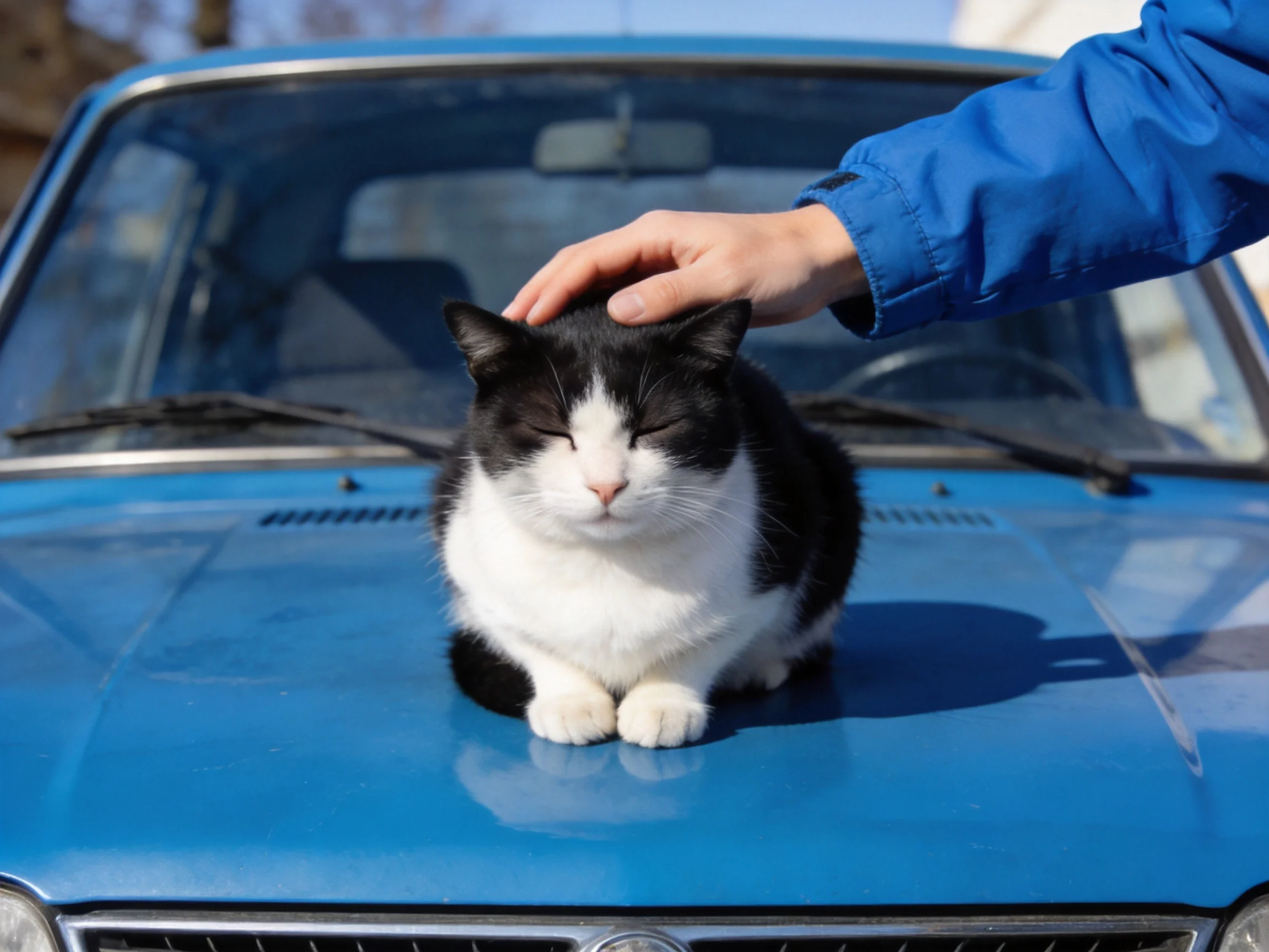 A black - and - white cat sits on a blue car hood while a hand pets it