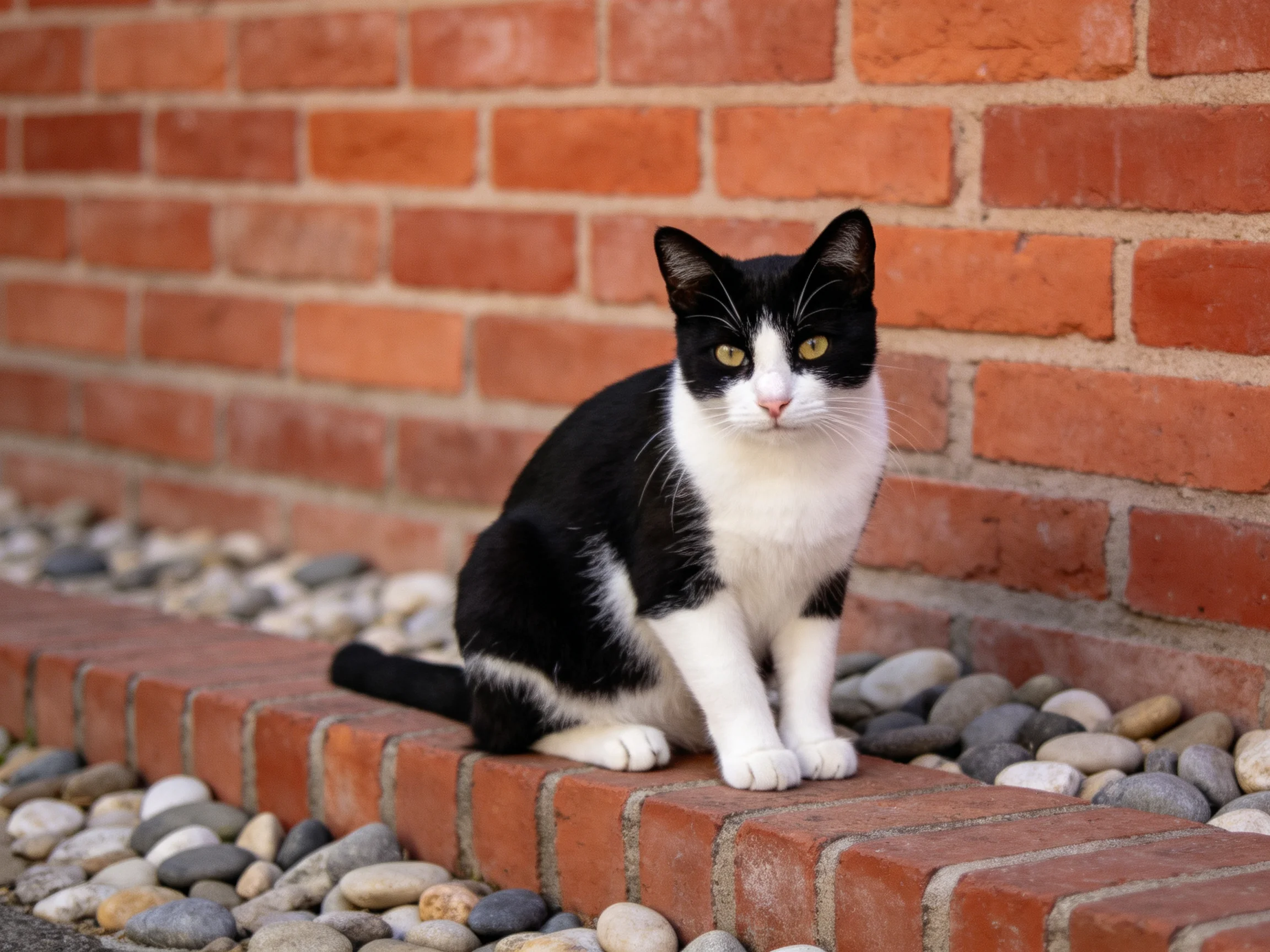 A black - and - white cat sits on a brick ledge beside a red brick wall.