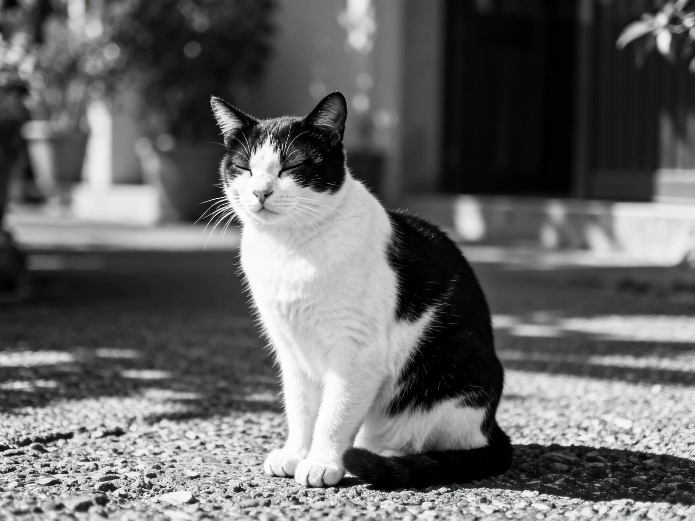 A black - and - white cat sits on a gravel path near a building entrance