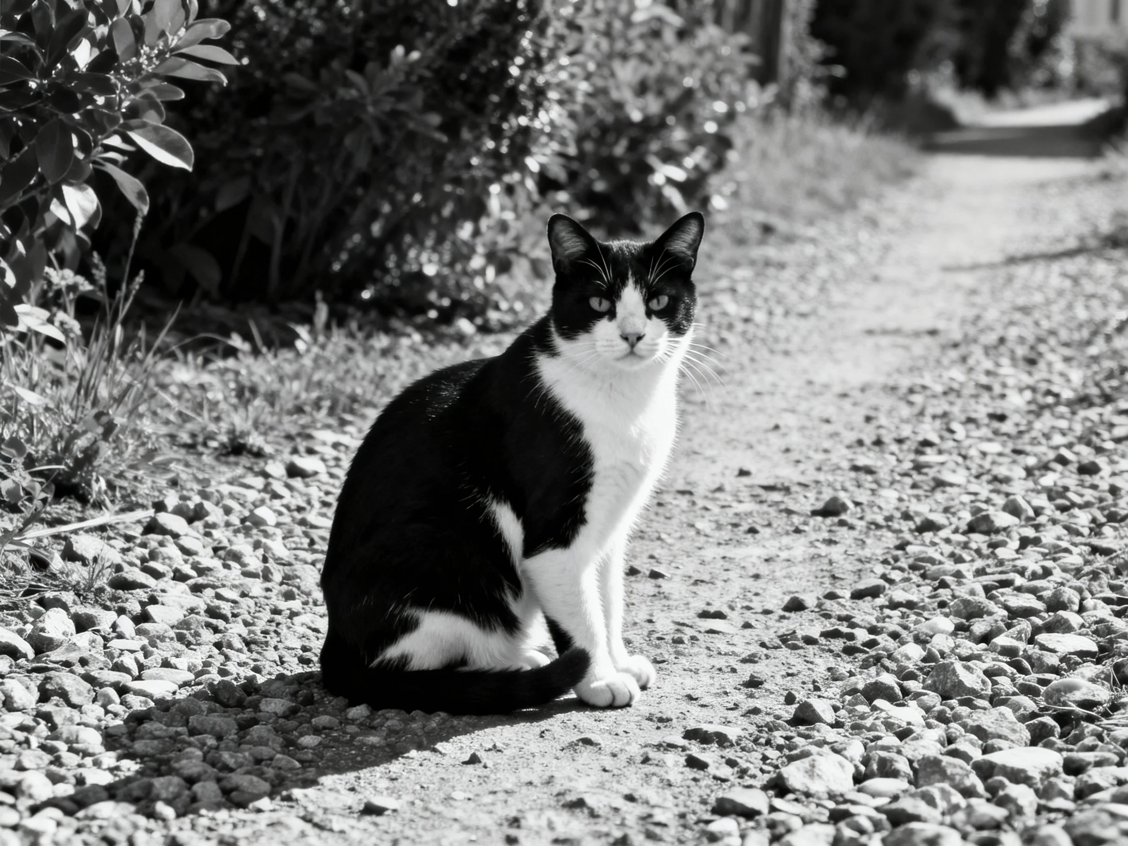 A black - and - white cat sits on a gravel path near leafy bushes
