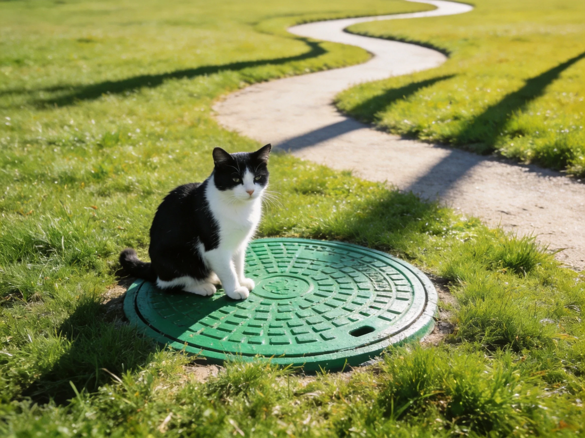 A black - and - white cat sits on a green manhole cover beside a curved pathway in a grassy area.