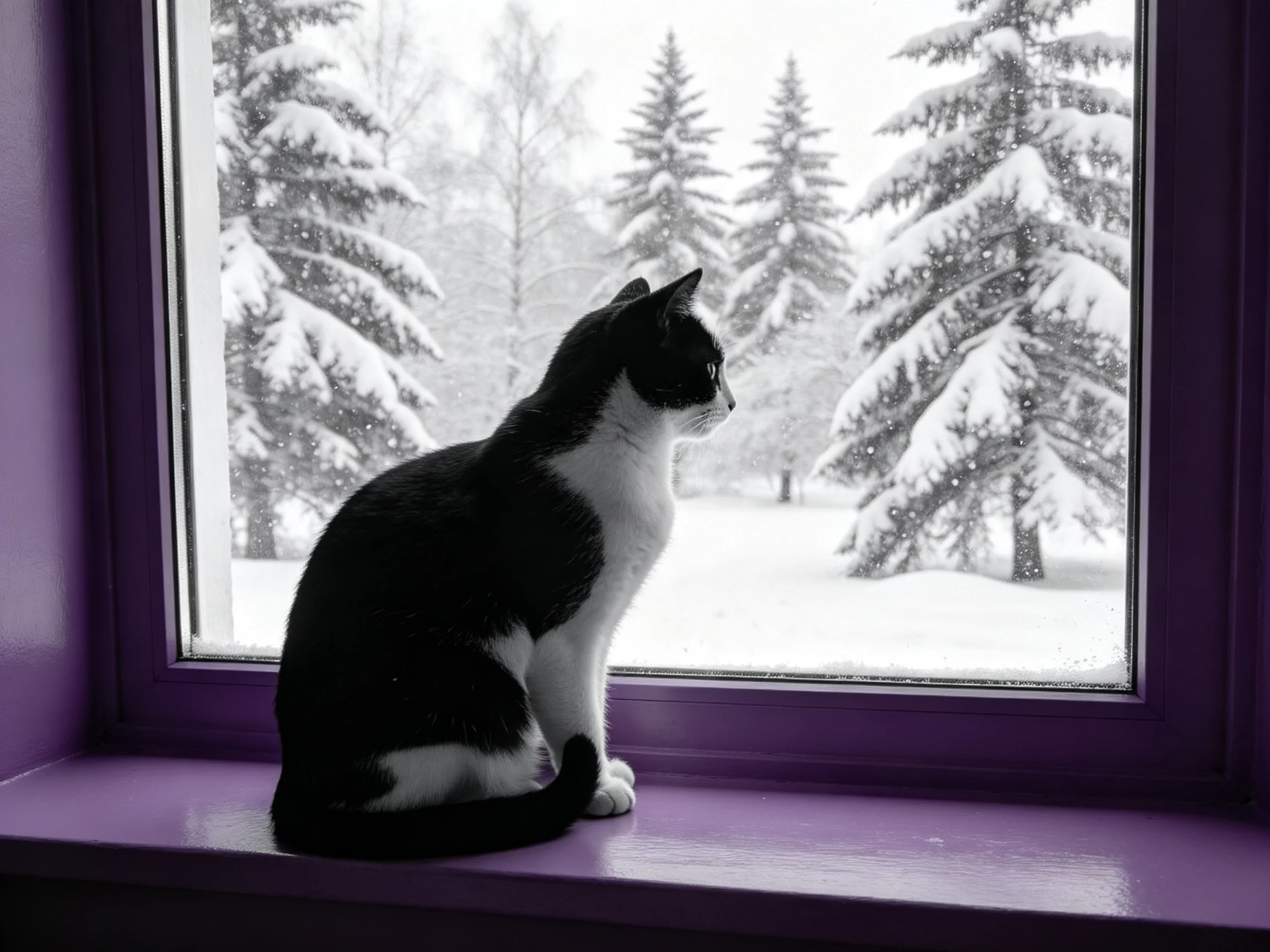 A black - and - white cat views snow - covered trees from a purple windowsill.