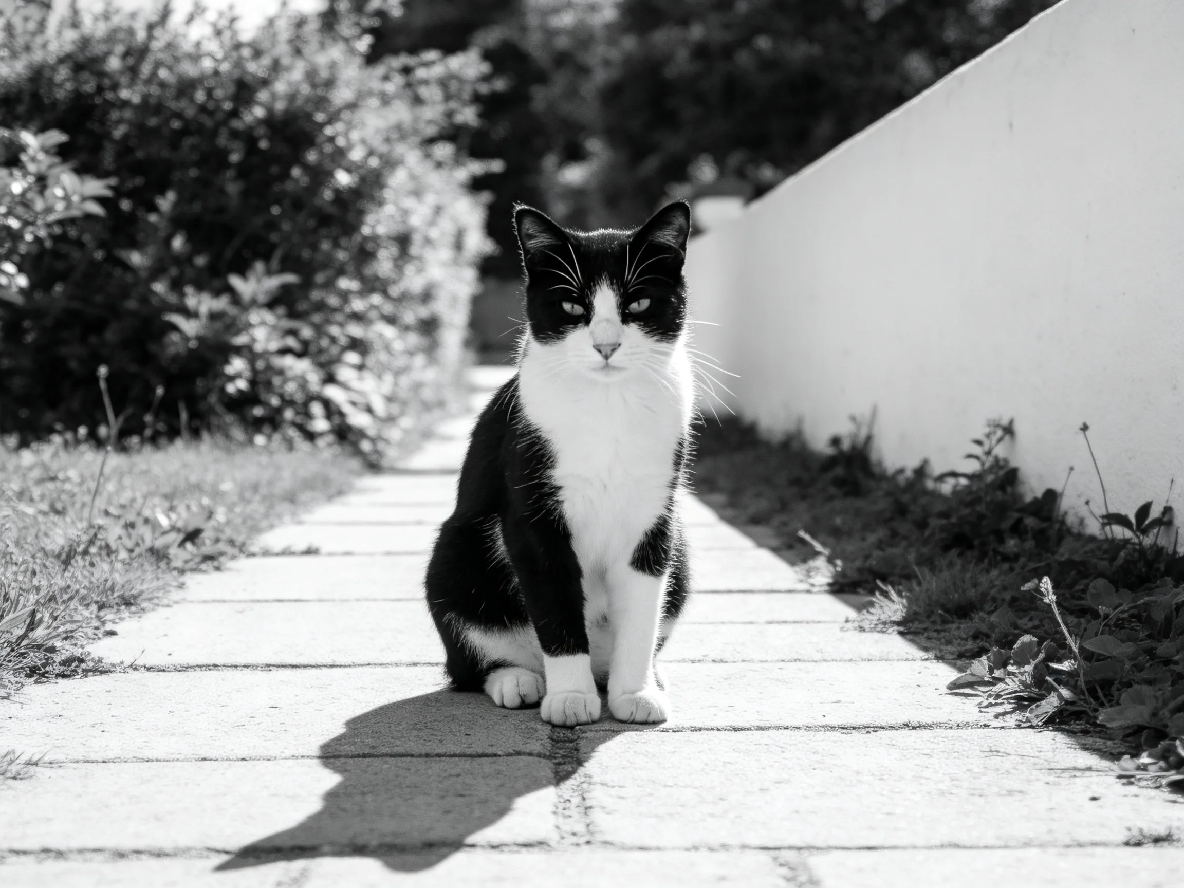 A black - and - white cat sits on a stone path surrounded by plants
