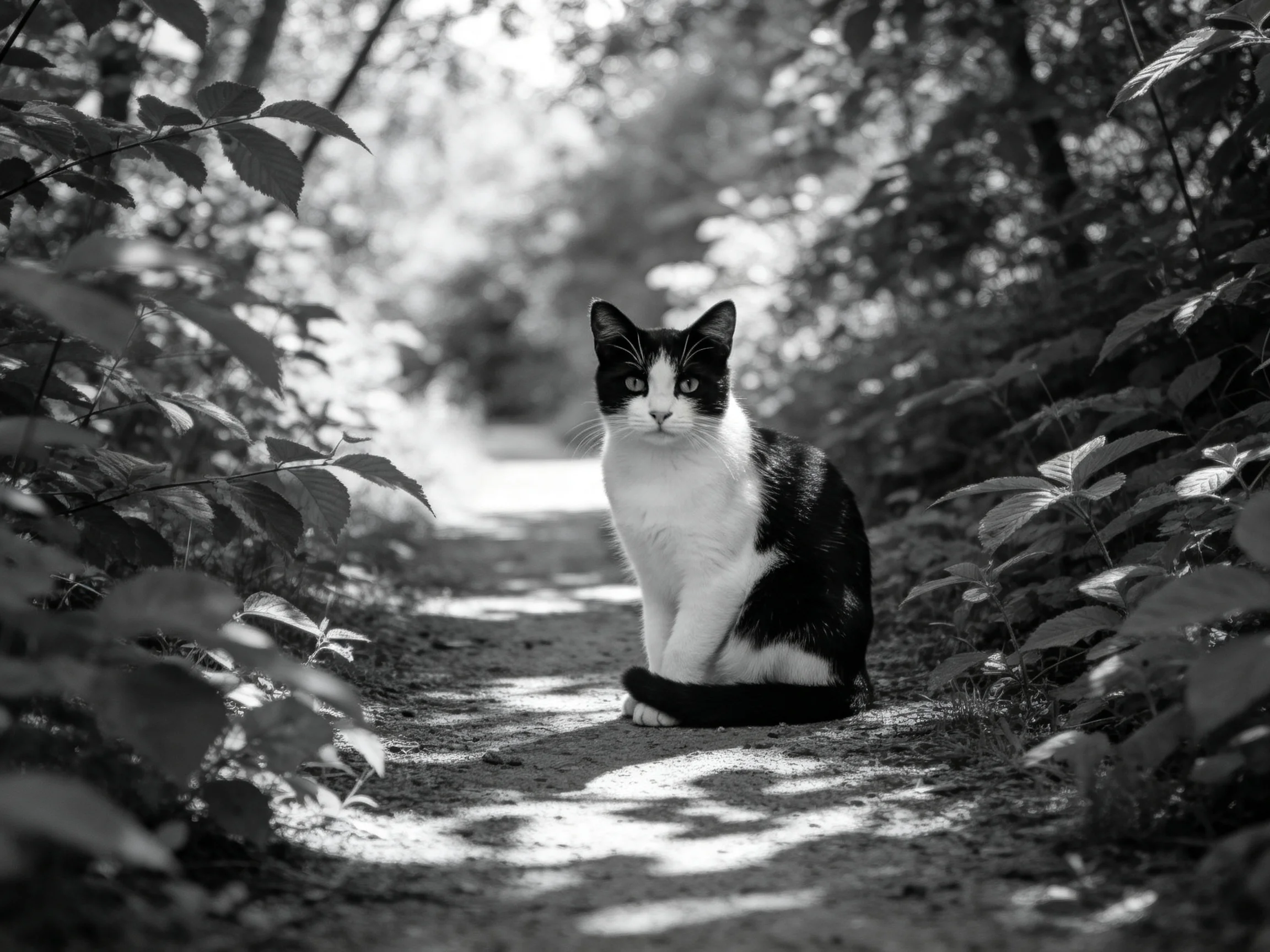 A black - and - white cat sits calmly on a sunlit forest path.