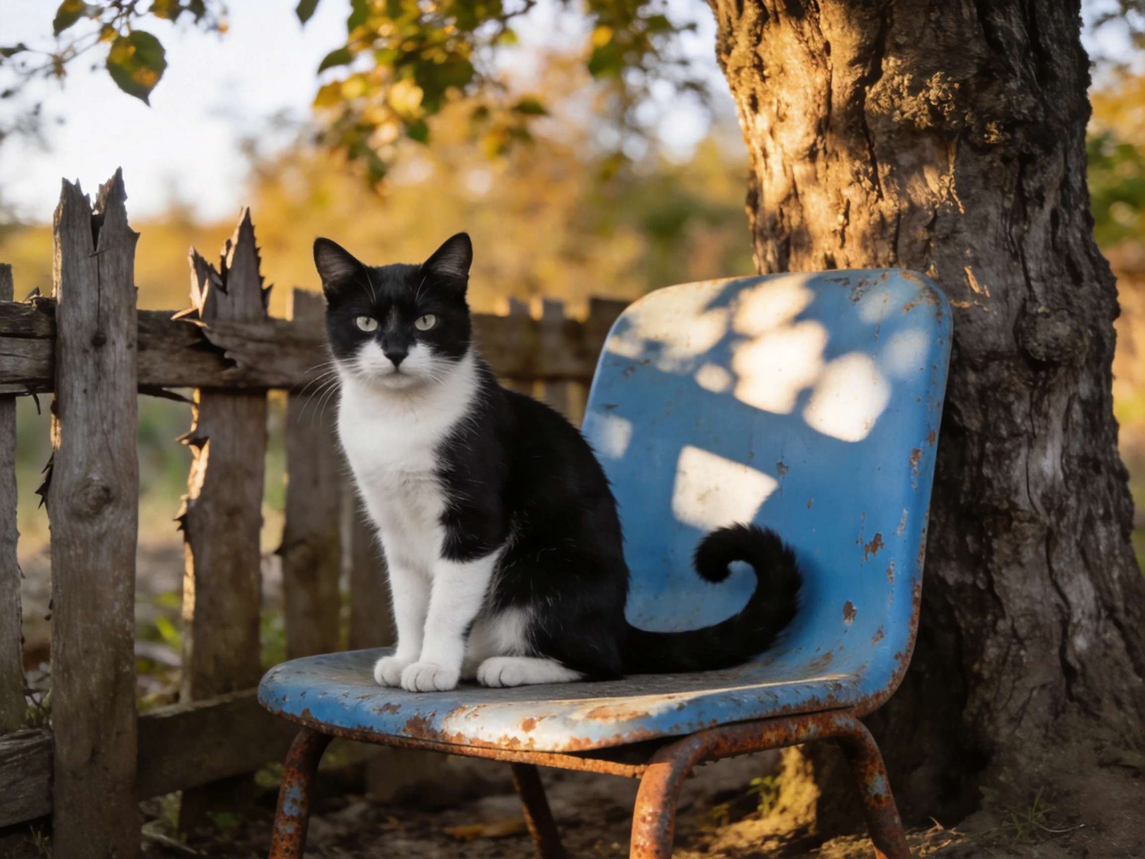 A black - and - white cat sits on an old blue chair outdoors by a tree