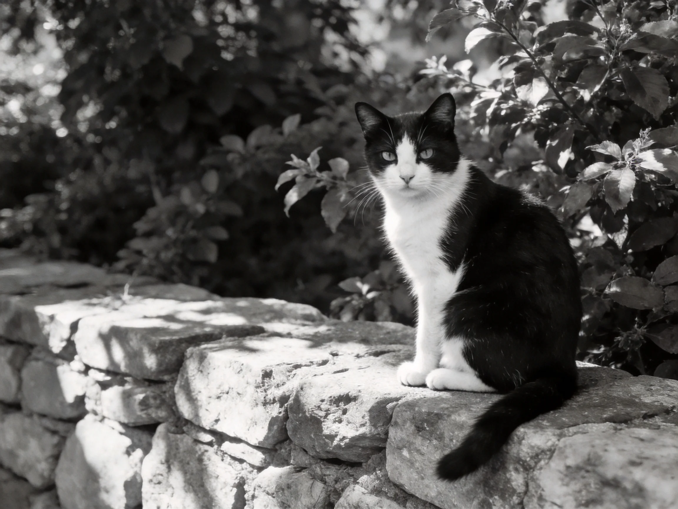 A black - and - white cat sits on a weathered stone wall amid foliage