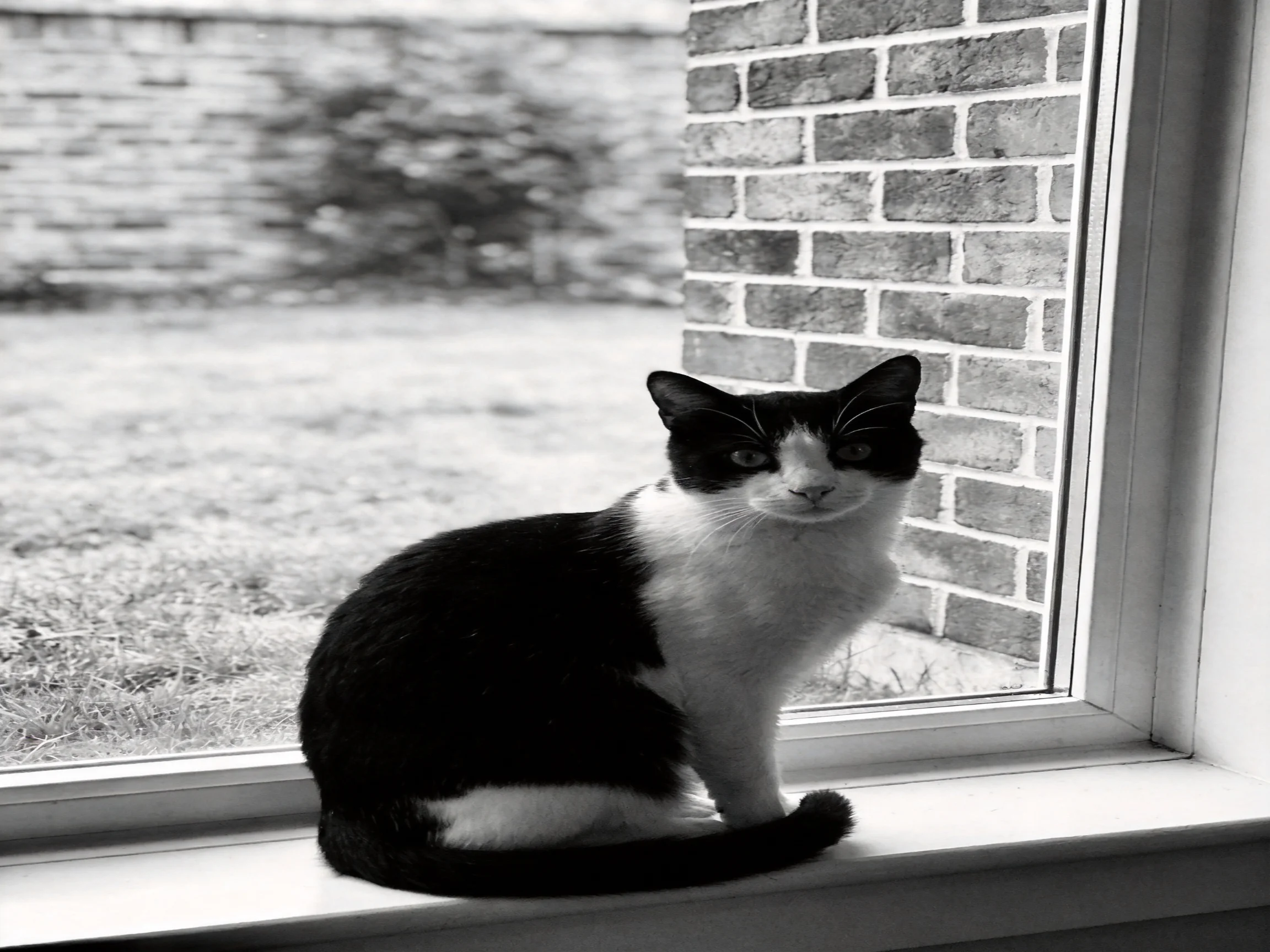 A black - and - white cat sits on a windowsill beside a brick wall