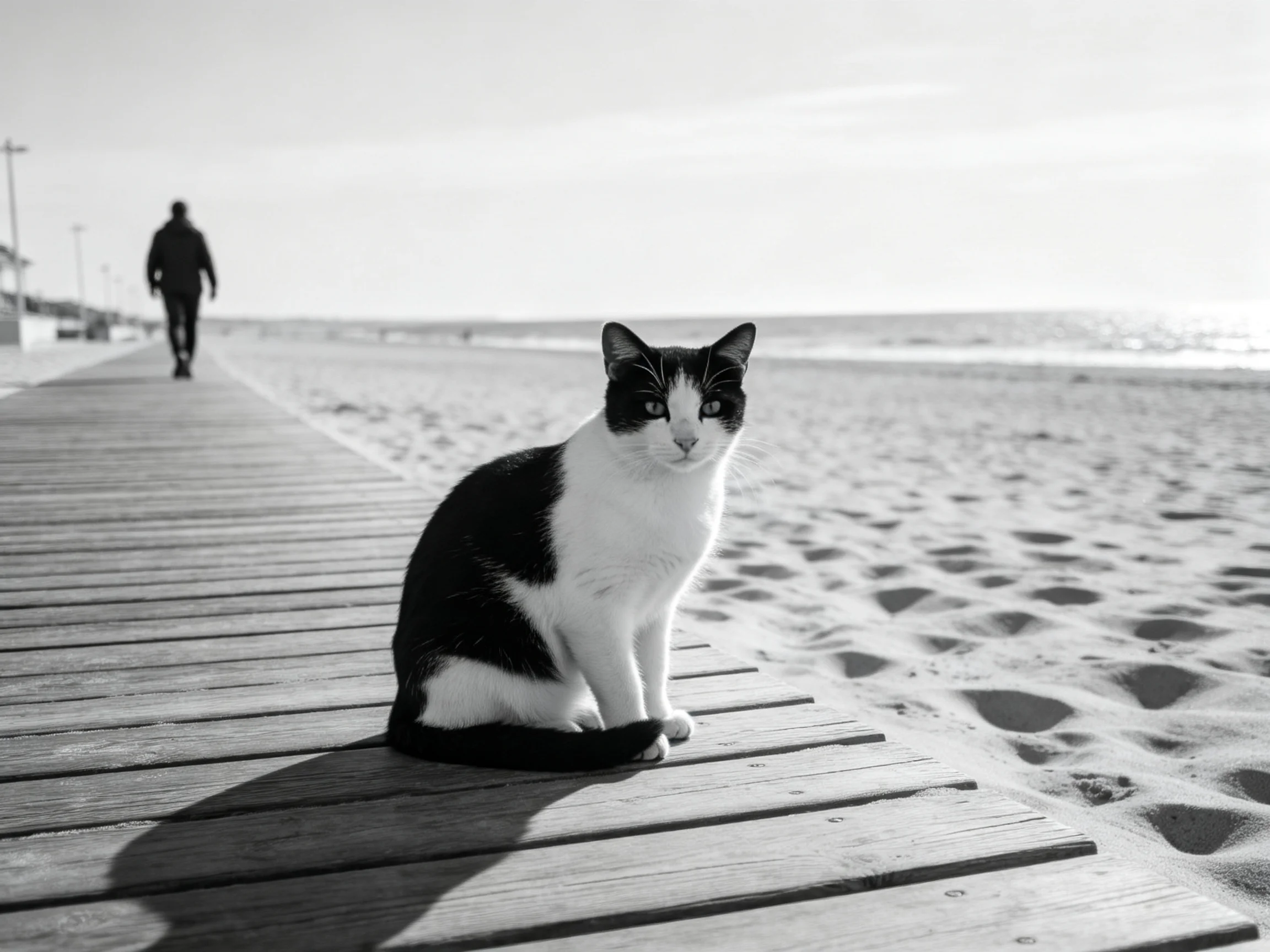 A black - and - white cat sits on a wooden boardwalk by a sandy beach