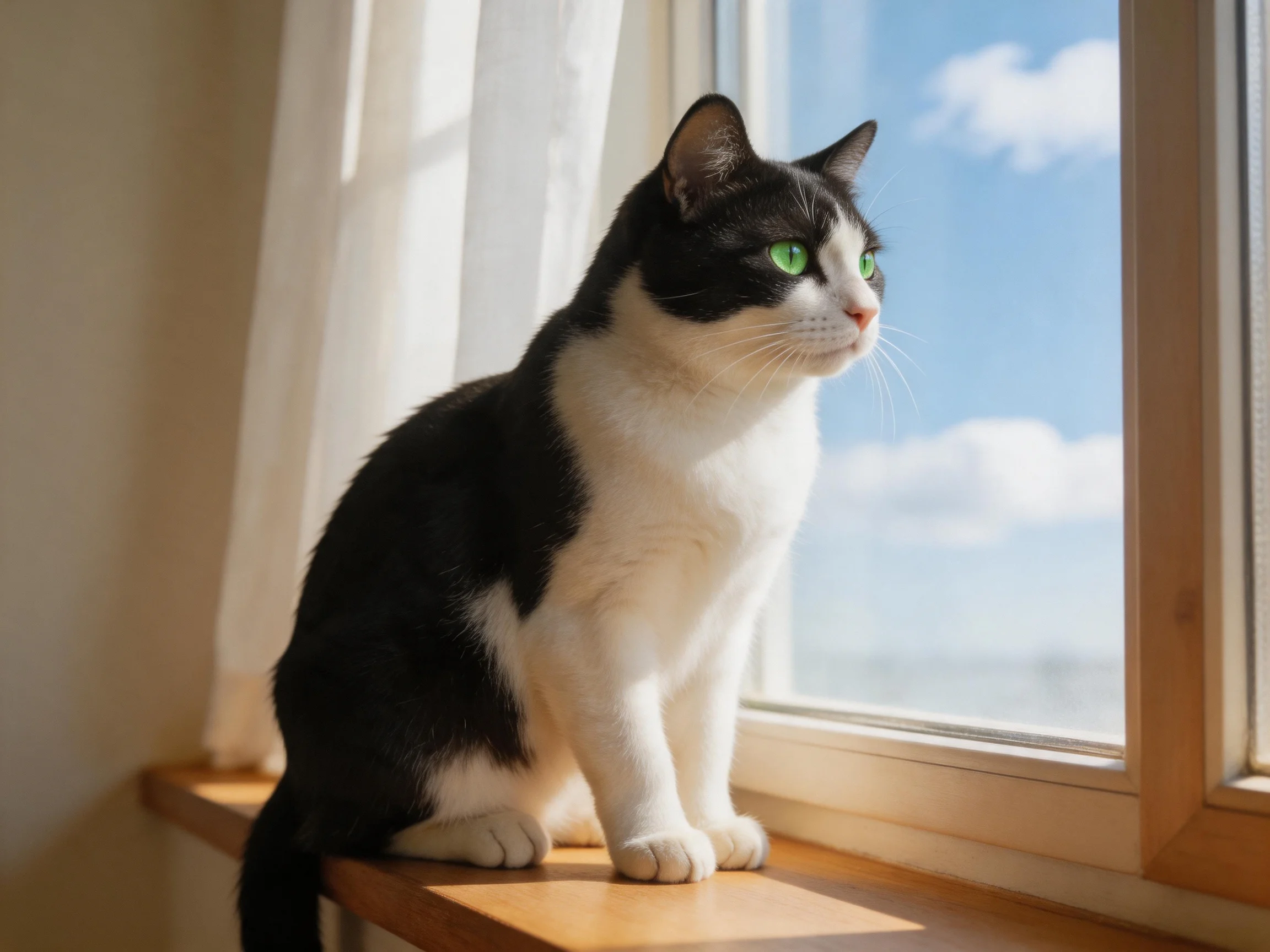 A black - and - white cat sits on a wooden windowsill by bright daylight