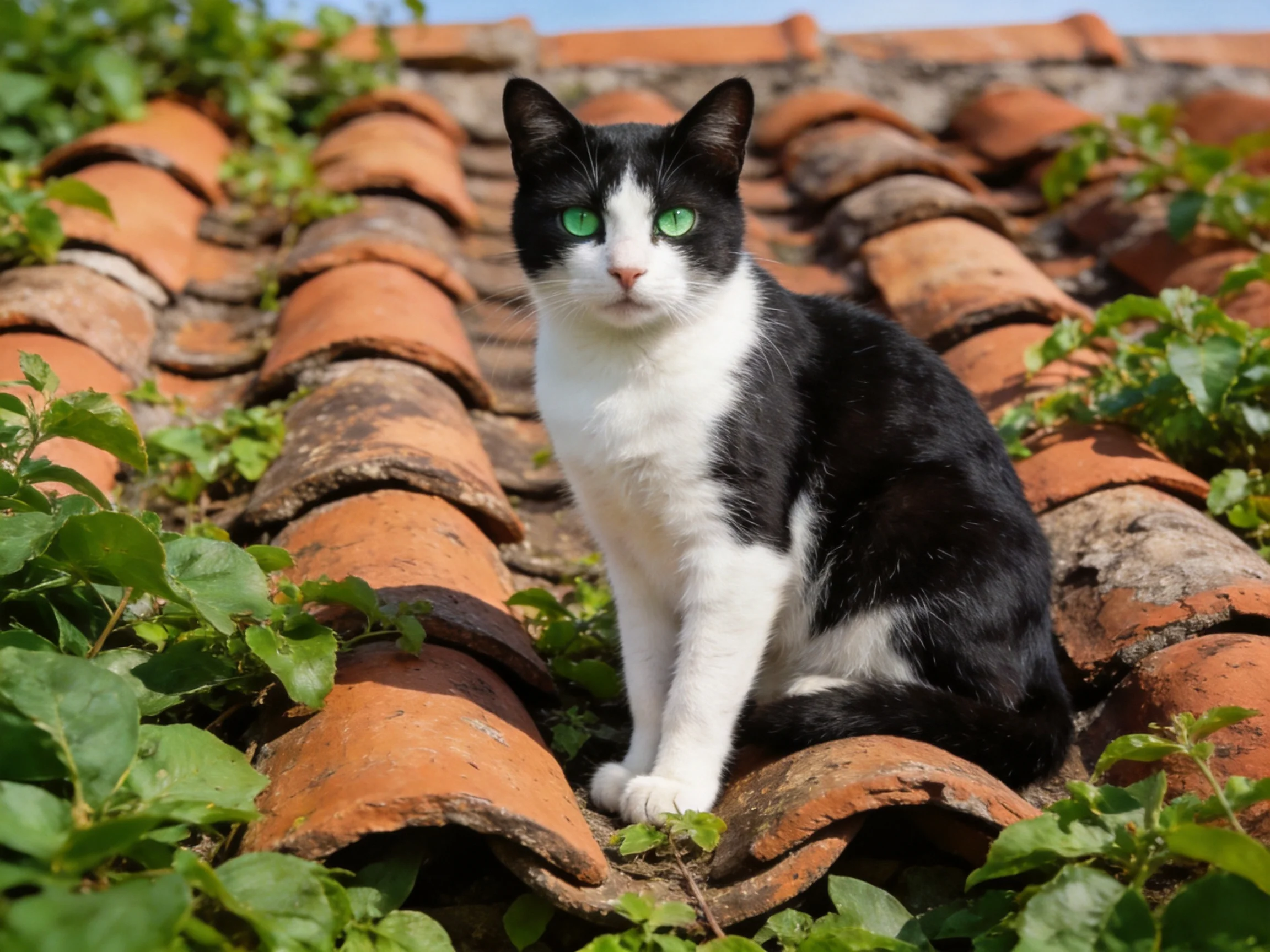 A black - and - white cat rests on an aged terracotta roof with surrounding greenery