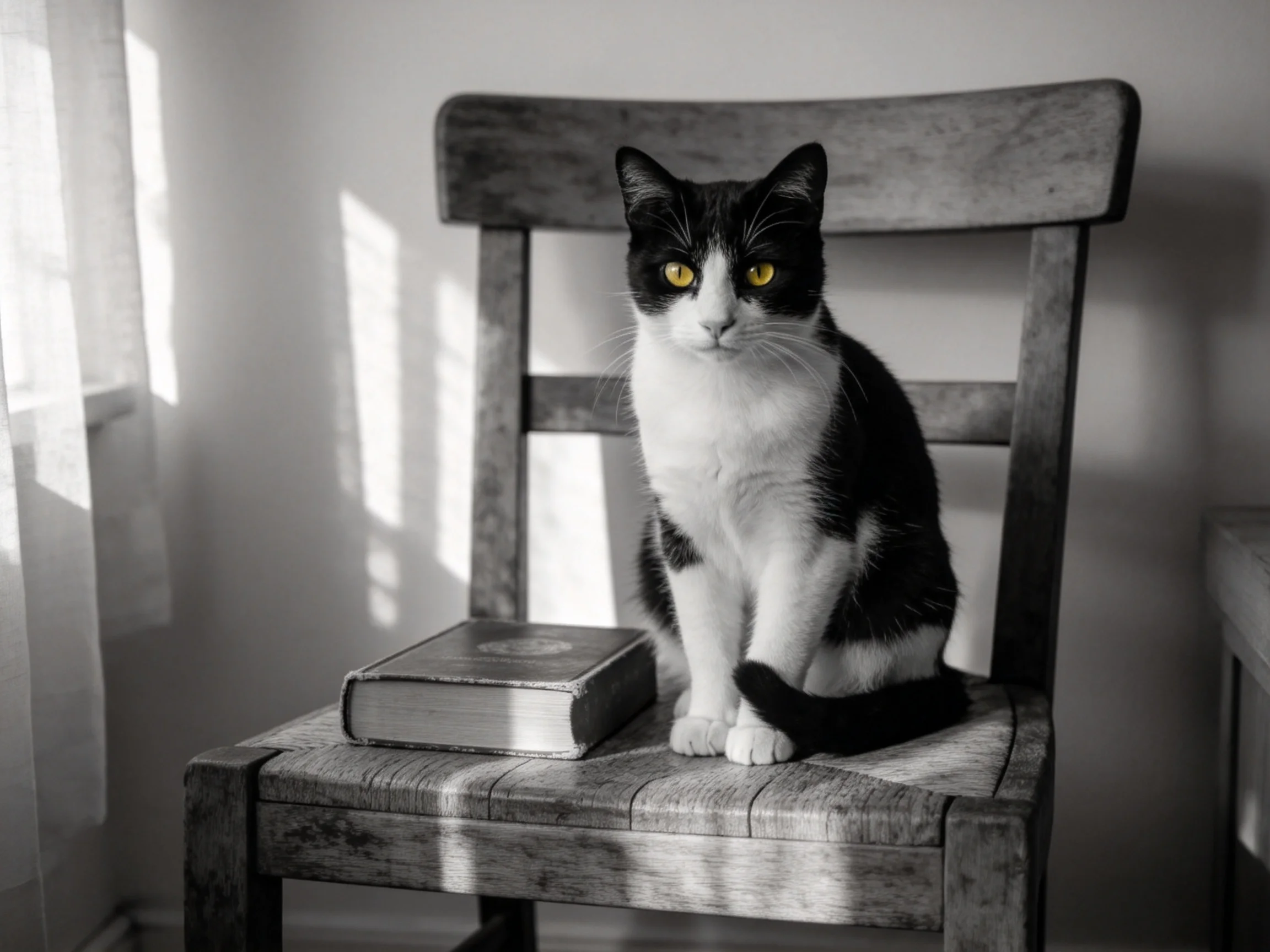 A black - and - white cat sits on an aged wooden chair beside a hardcover book