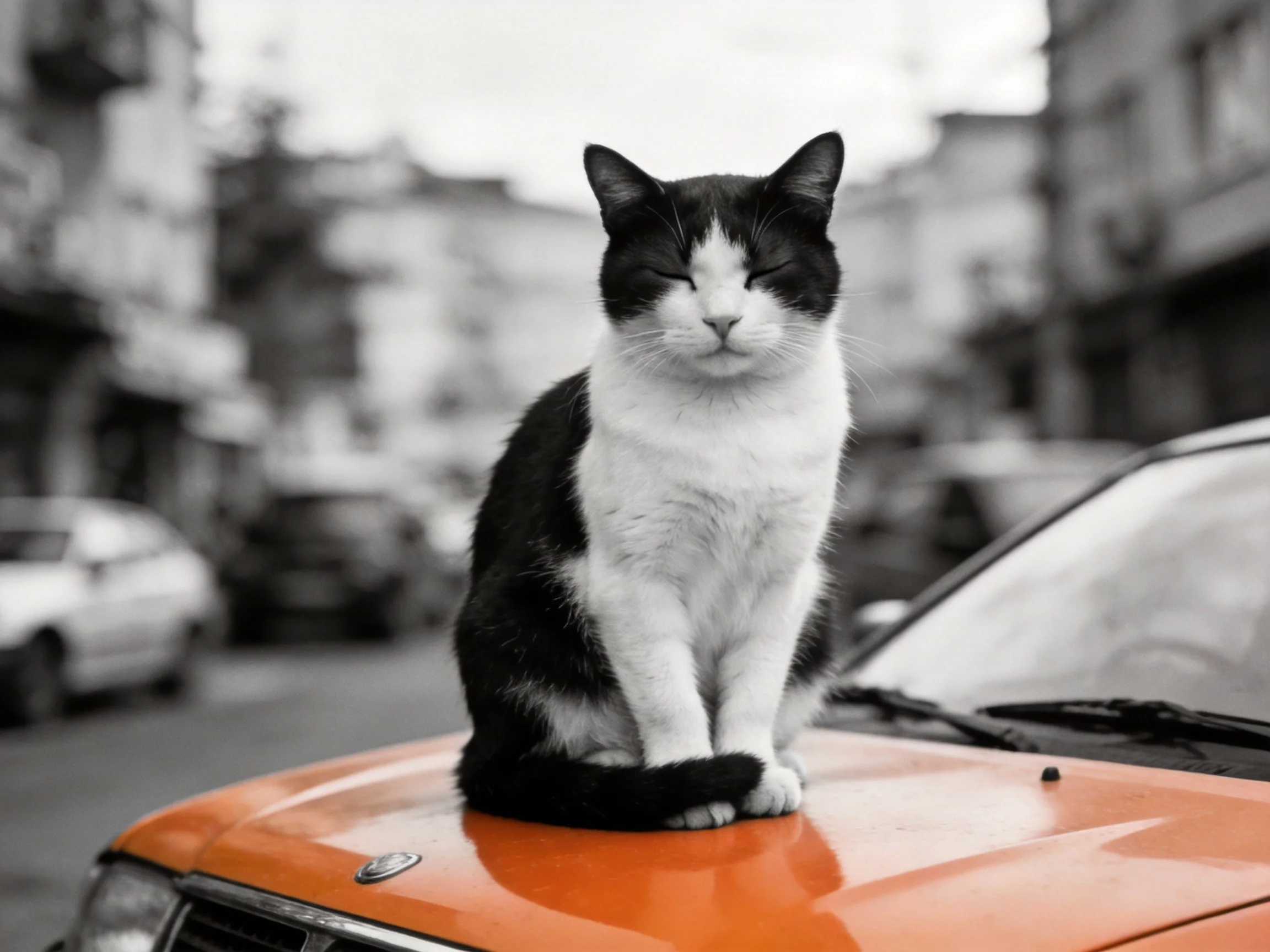 A black - and - white cat relaxes on an orange car in a city street