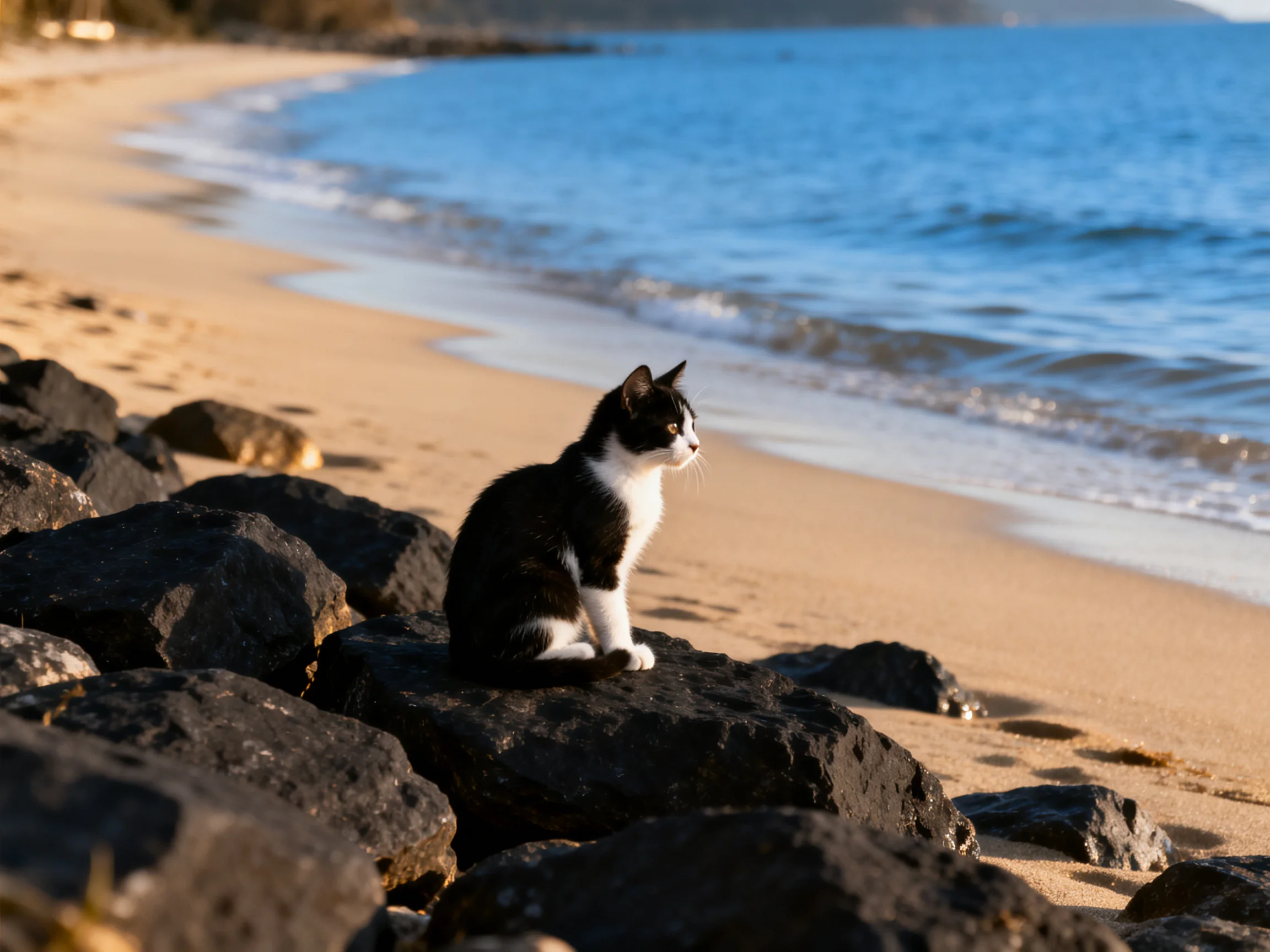 A black - and - white cat rests on rocks beside a sandy beach with ocean waves