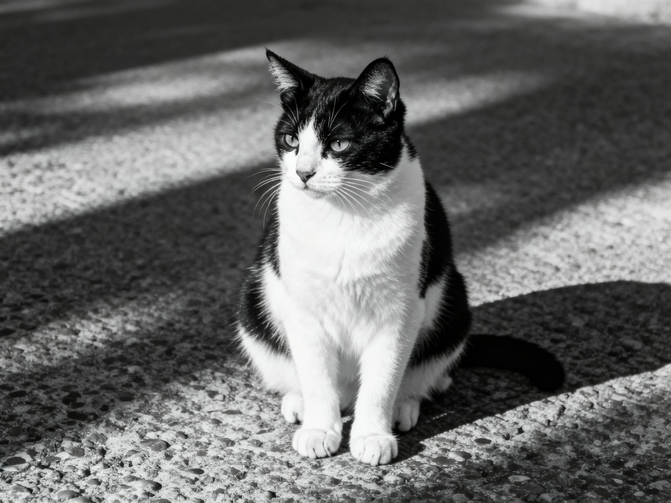 A black - and - white cat sits on textured pavement with distinct shadows