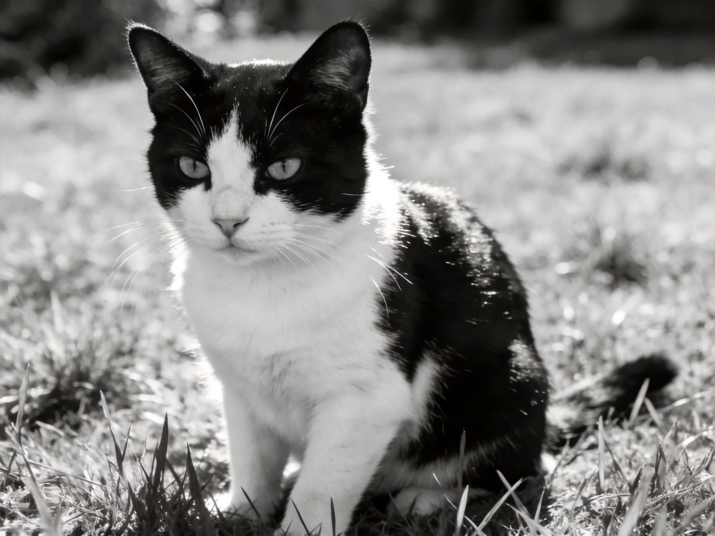 A black - and - white cat sitting on grass in bright daylight